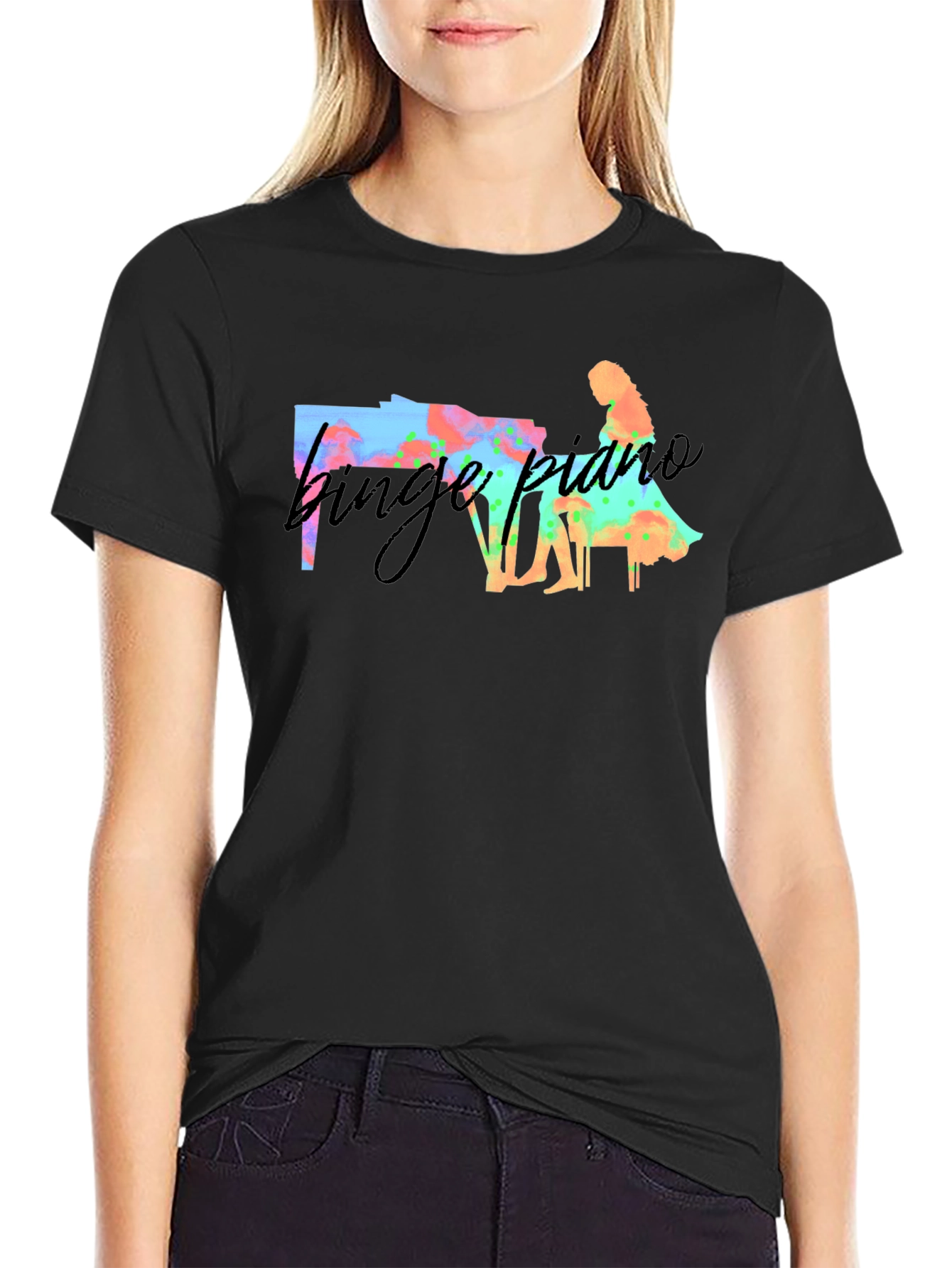 Black Binge Piano T-Shirt - Unique Watercolor Design view 2