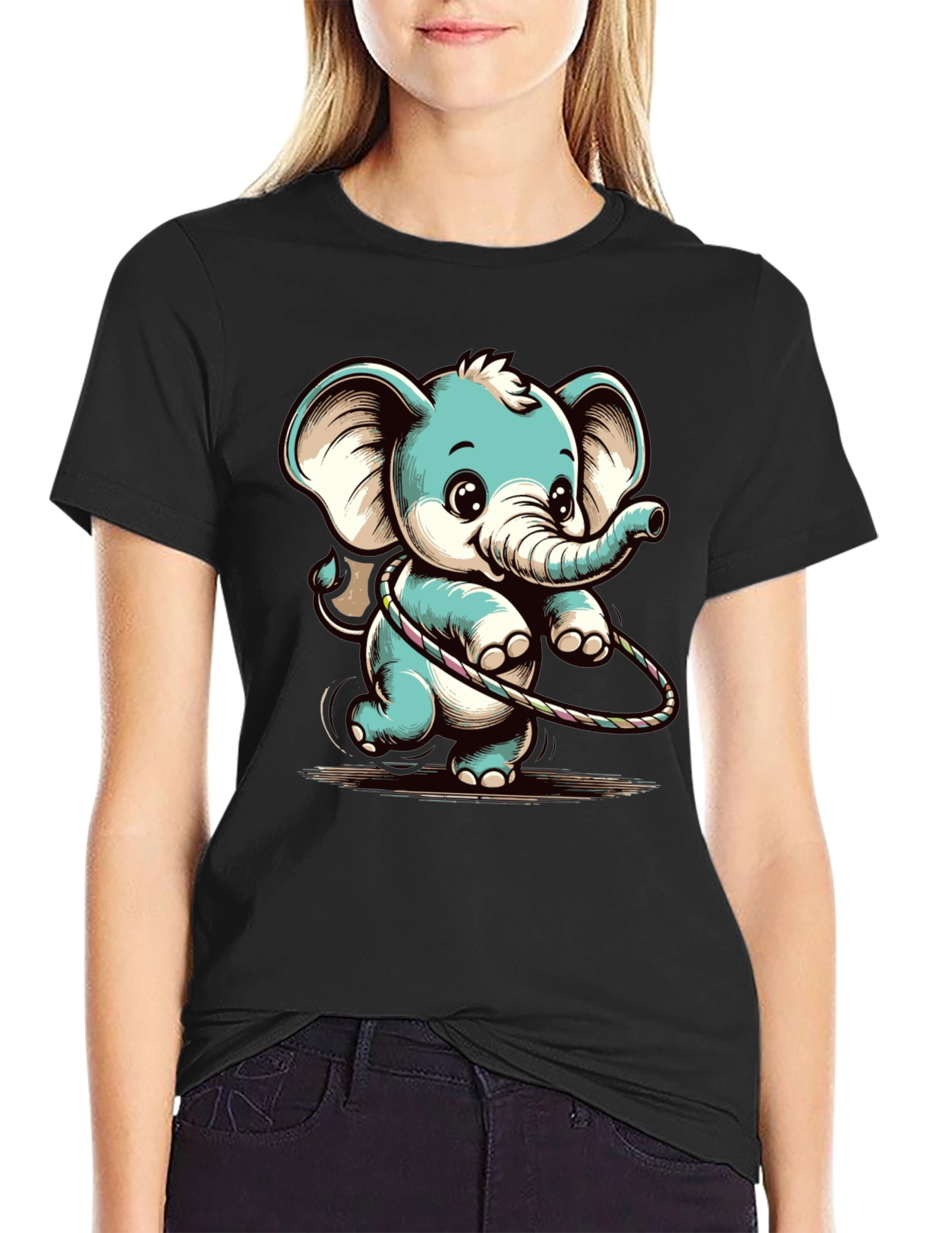 Black Cute Elephant Hula Hoop Graphic Tee view 2