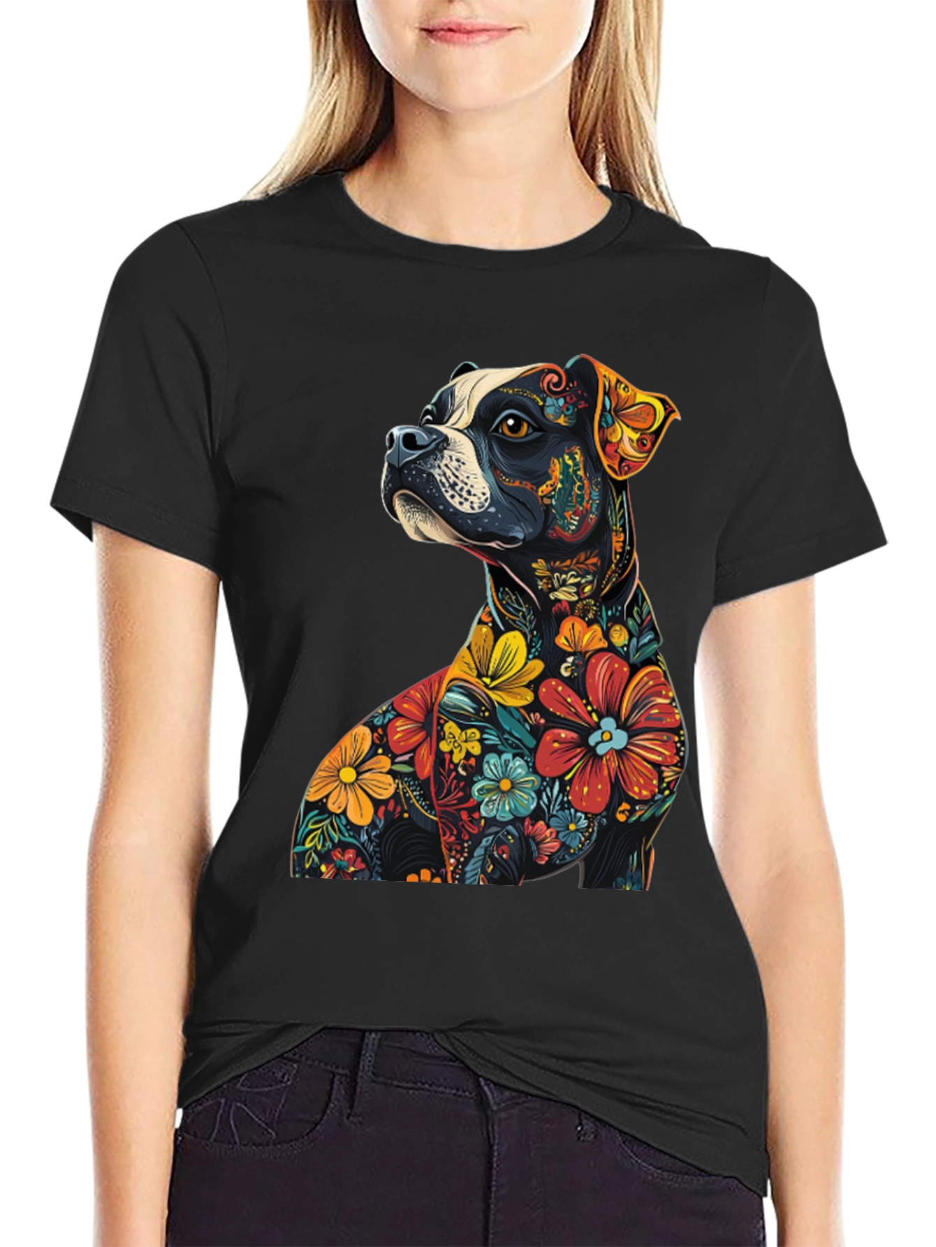 Black Floral Dog Graphic Tee - Unique Black T-Shirt view 2