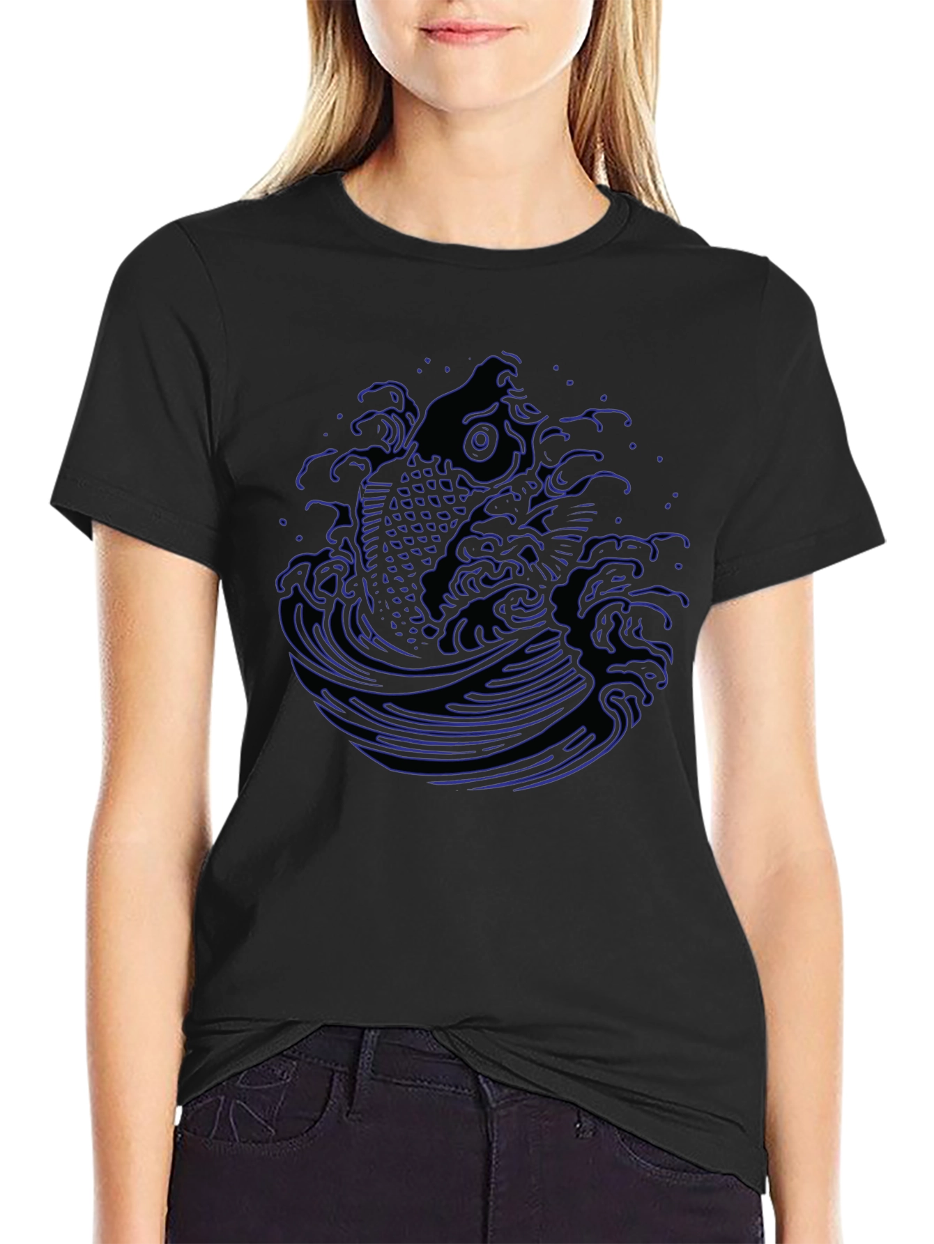 Black Koi Fish Wave Graphic Tee - Men's Black T-Shirt view 2