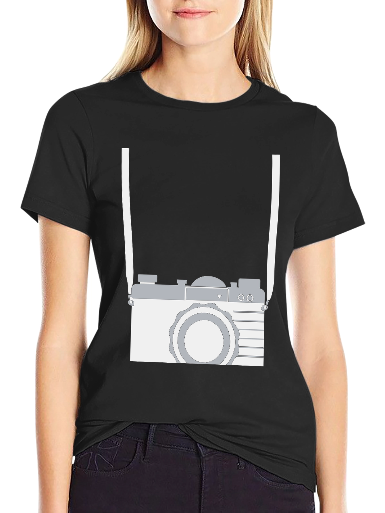 Black Retro Camera Graphic Tee - Black Cotton Casual Shirt view 2