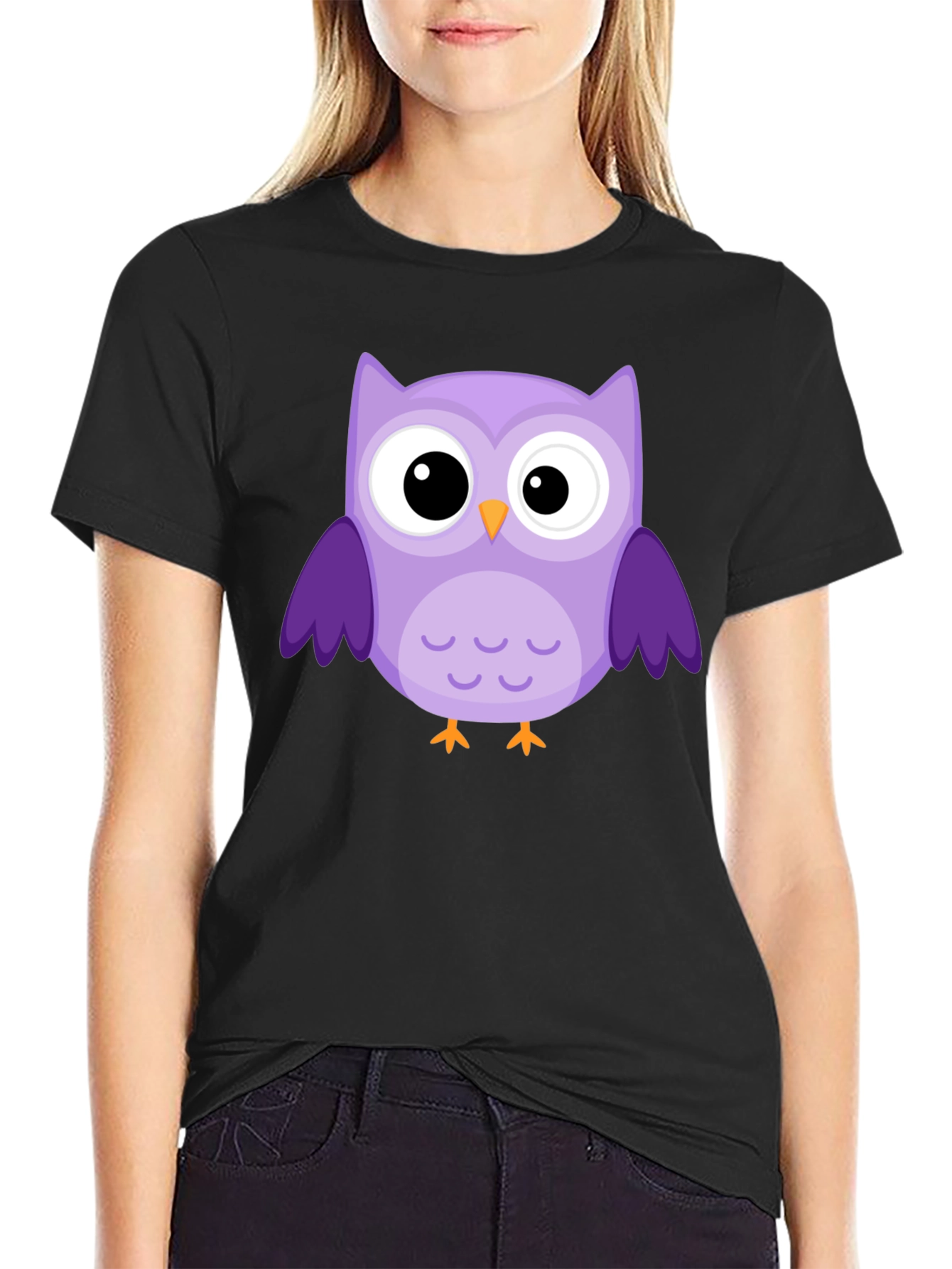 Black Cute Owl Graphic T-Shirt - Black Cotton Tee view 2