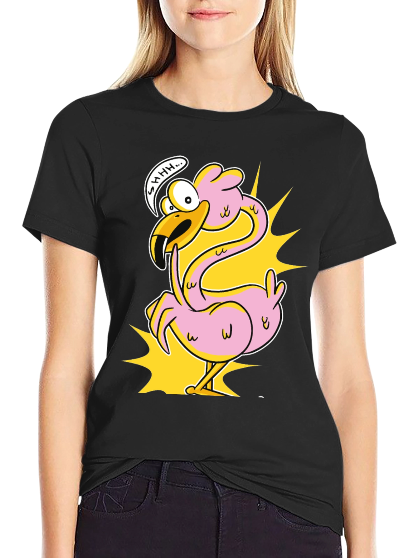 Black Shhh! Flamingo Cartoon Graphic T-Shirt view 2