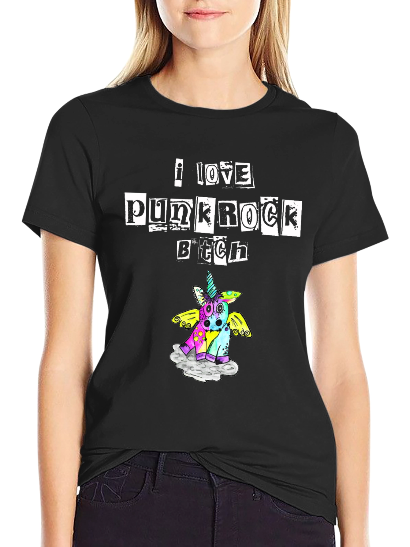 Black I Love Punk Rock B*tch Unicorn T-Shirt view 2