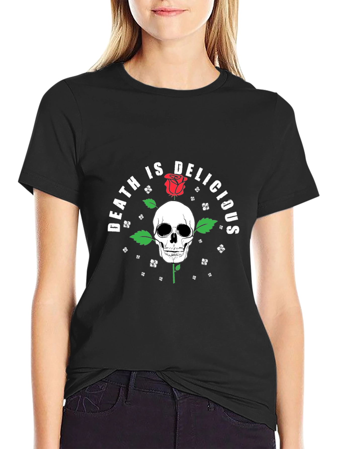 Black Death Is Delicious Skull Rose Graphic Tee view 2