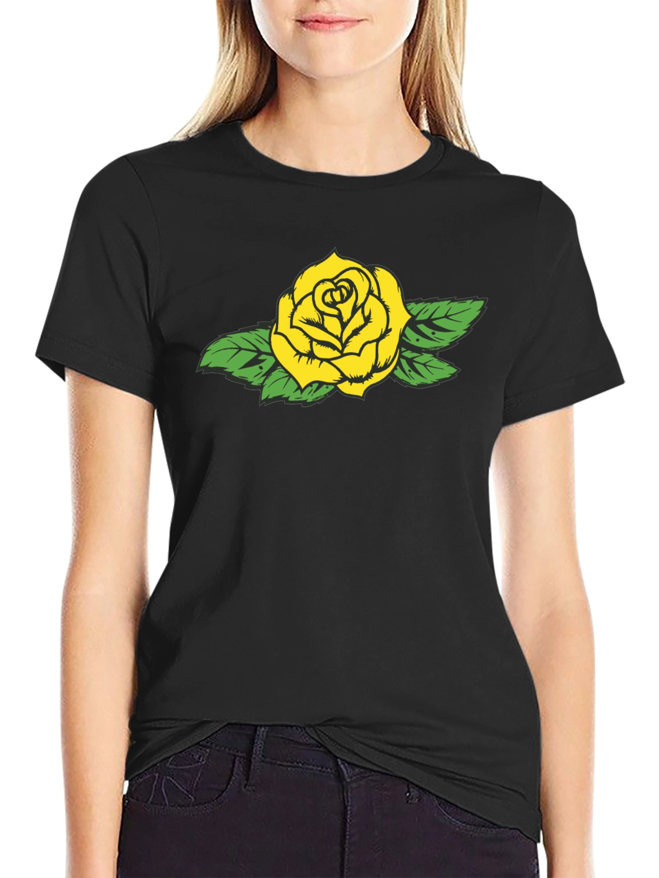 Black Yellow Rose Graphic Black Tee - Stylish Casual Wear view 2