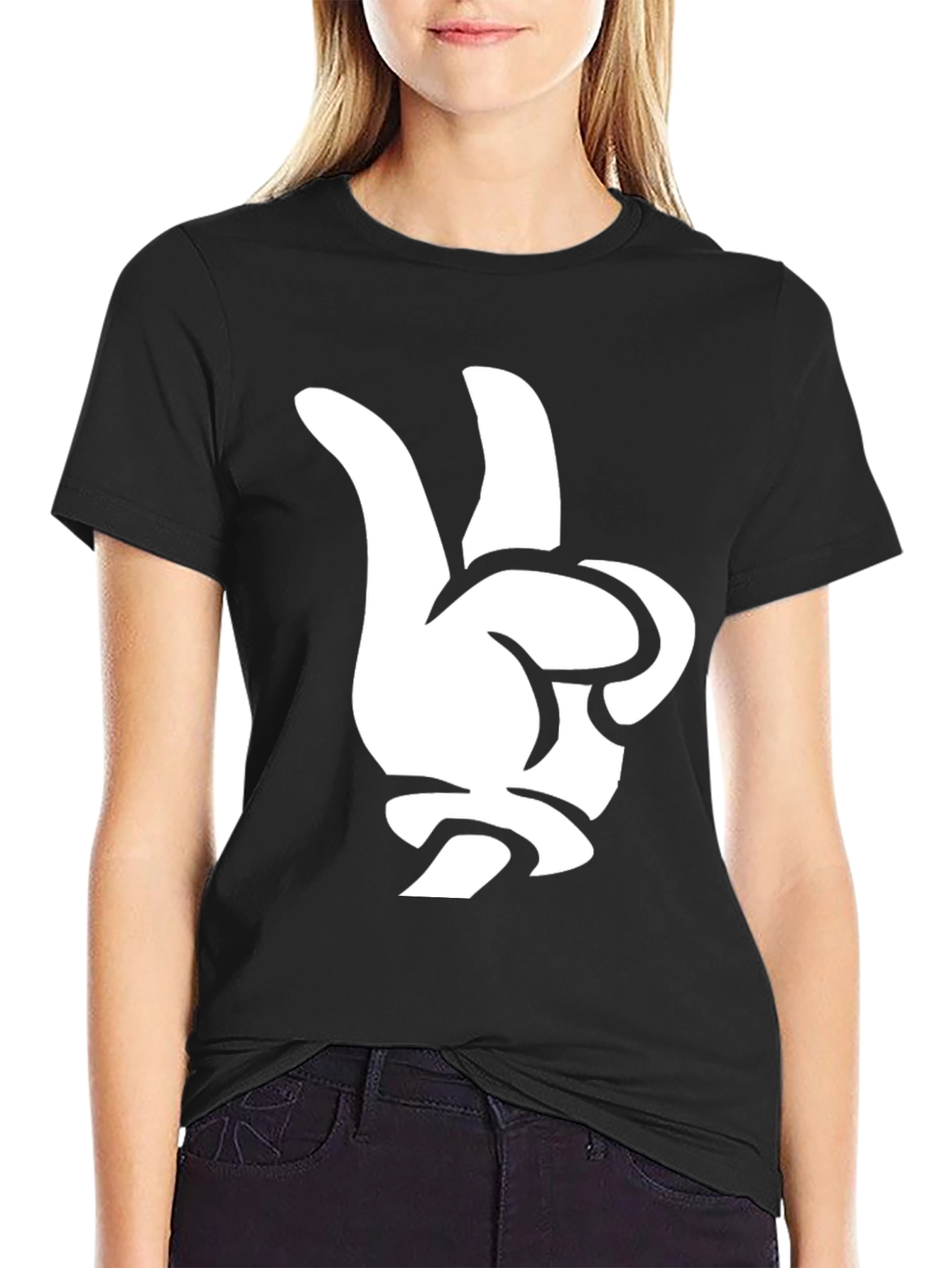 Black Cool Cartoon Glove Peace Sign Black T-Shirt view 2