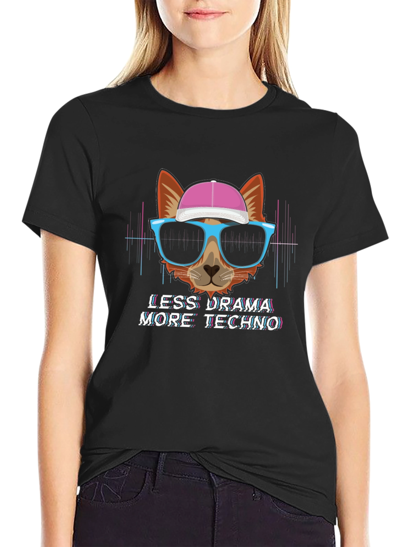 Black Less Drama More Techno T-Shirt - Cat with Glasses view 2
