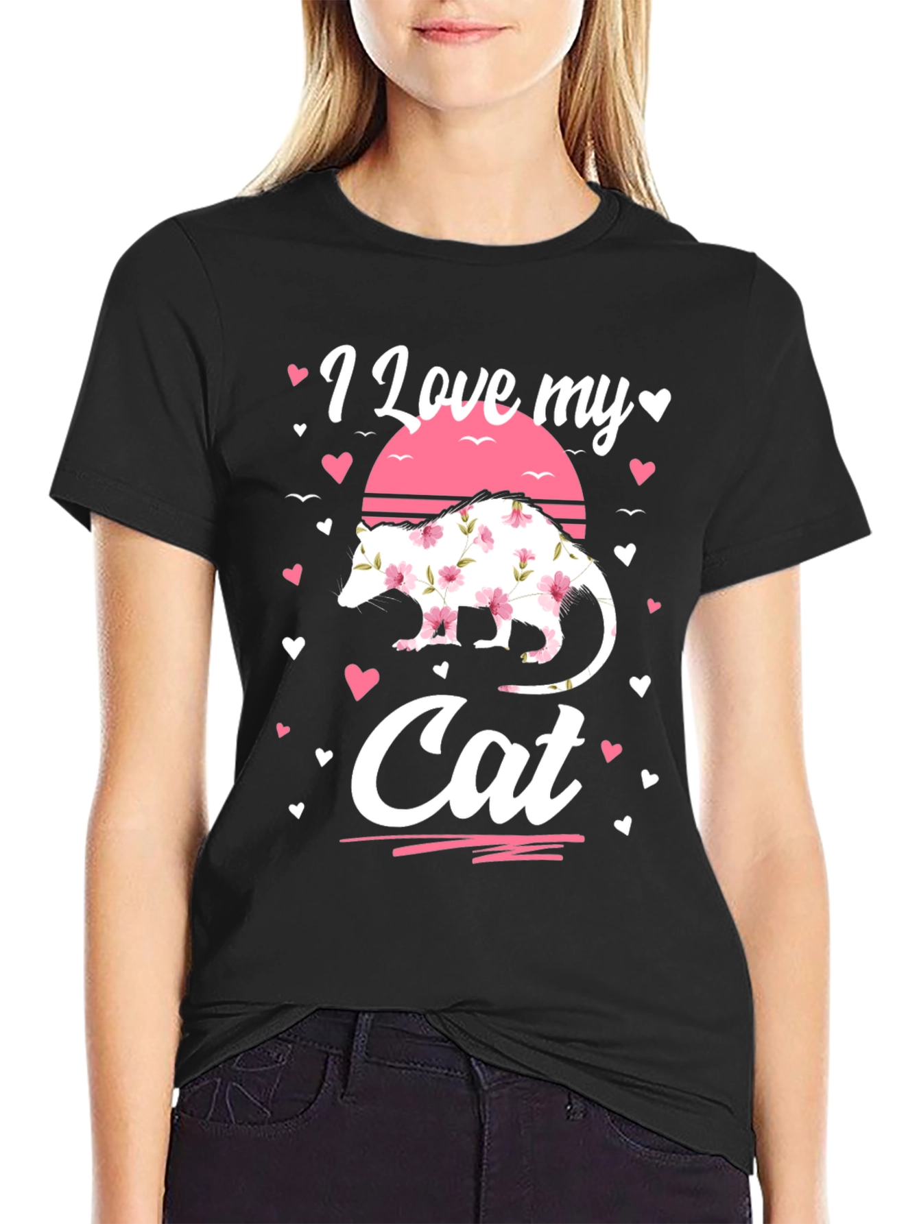 Black I Love My Cat Opossum Floral Shirt view 2
