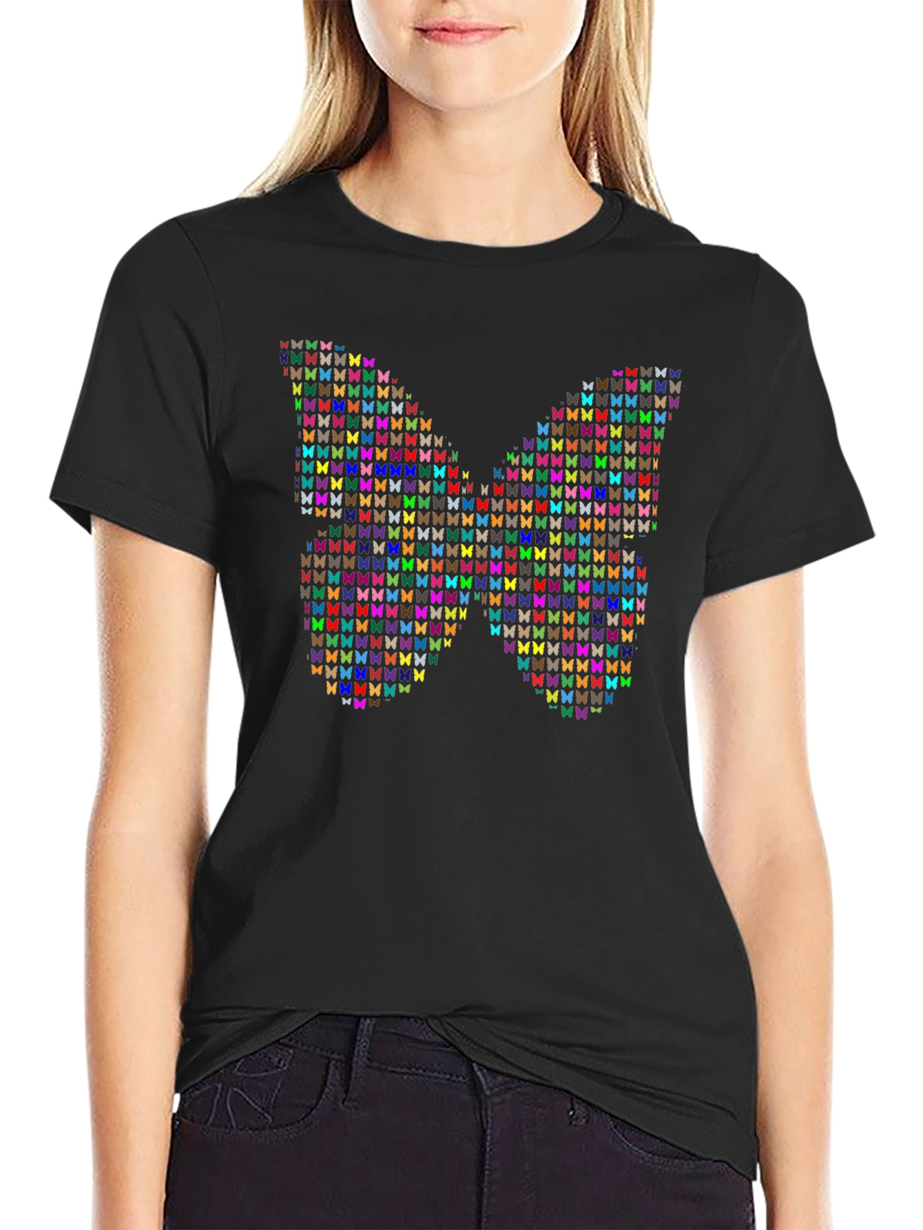 Black Butterfly Mosaic Graphic Tee - Stylish Black Cotton T-Shirt view 2