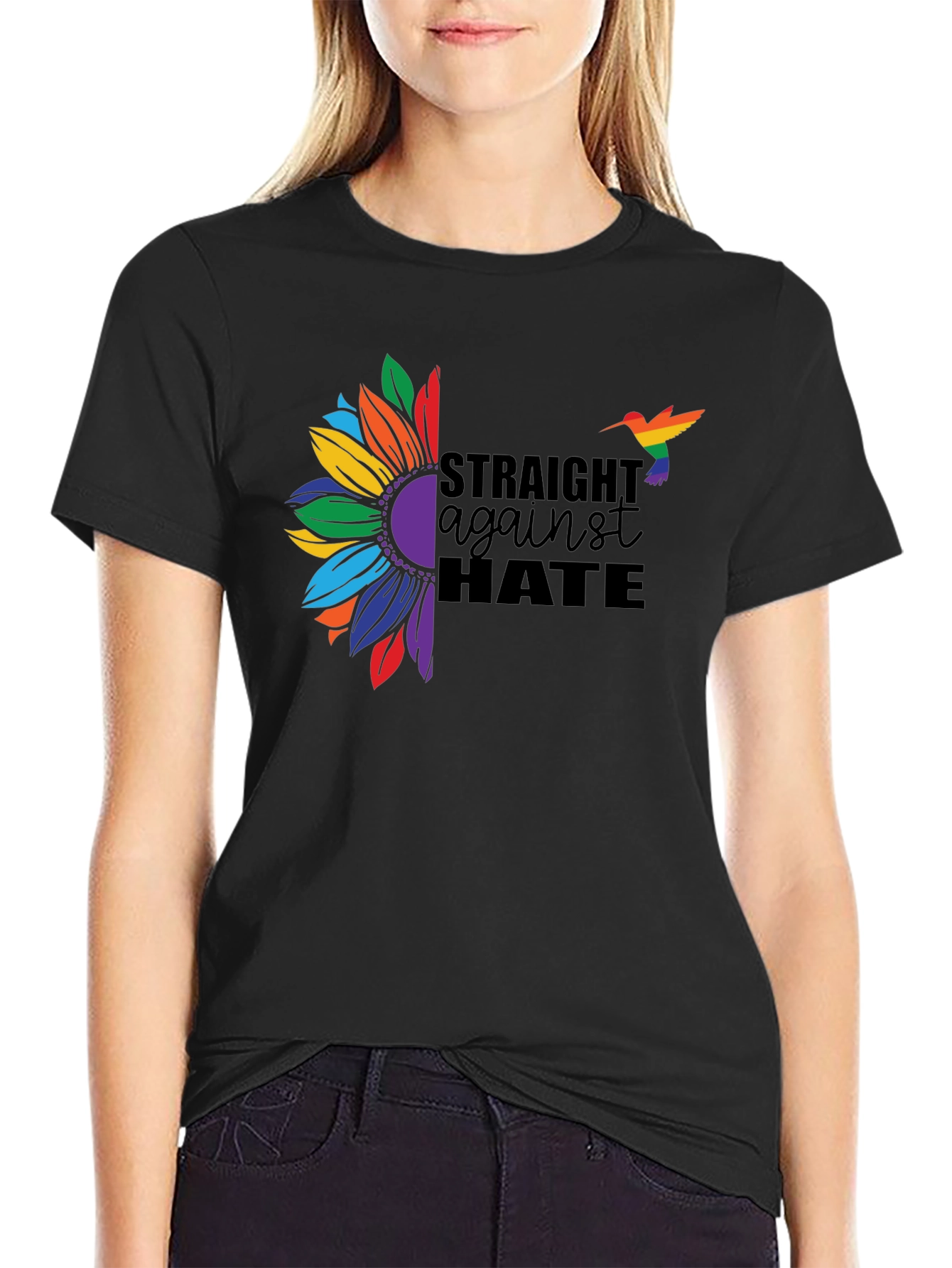 Black Straight Against Hate Sunflower Pride T-Shirt view 2