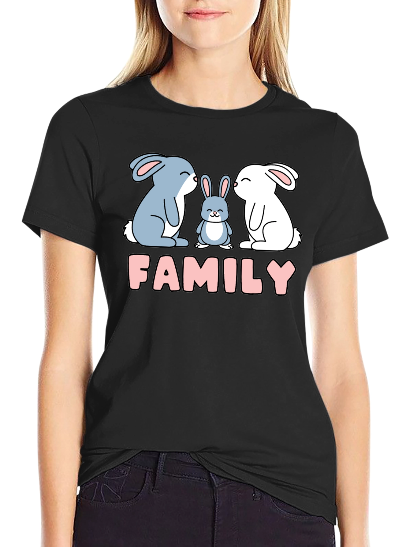 Black Cute Rabbit Family T-Shirt - Black Tee view 2