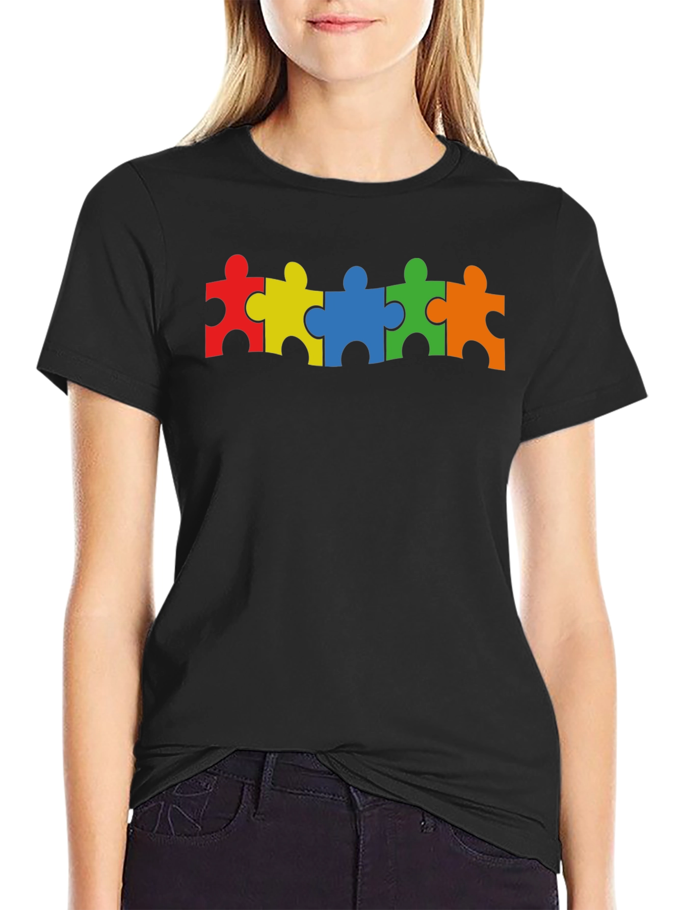 Black Autism Awareness Puzzle Piece T-Shirt view 2