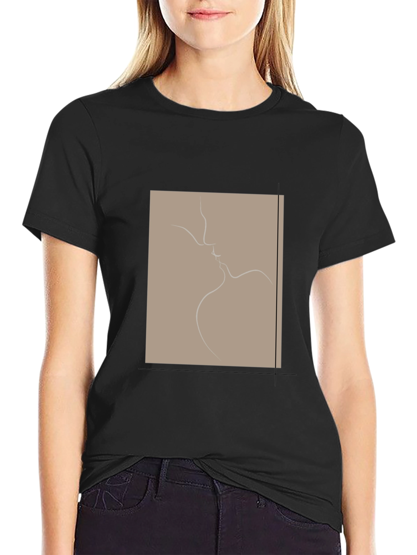 Black Minimalist Couple Line Art Black T-Shirt view 2