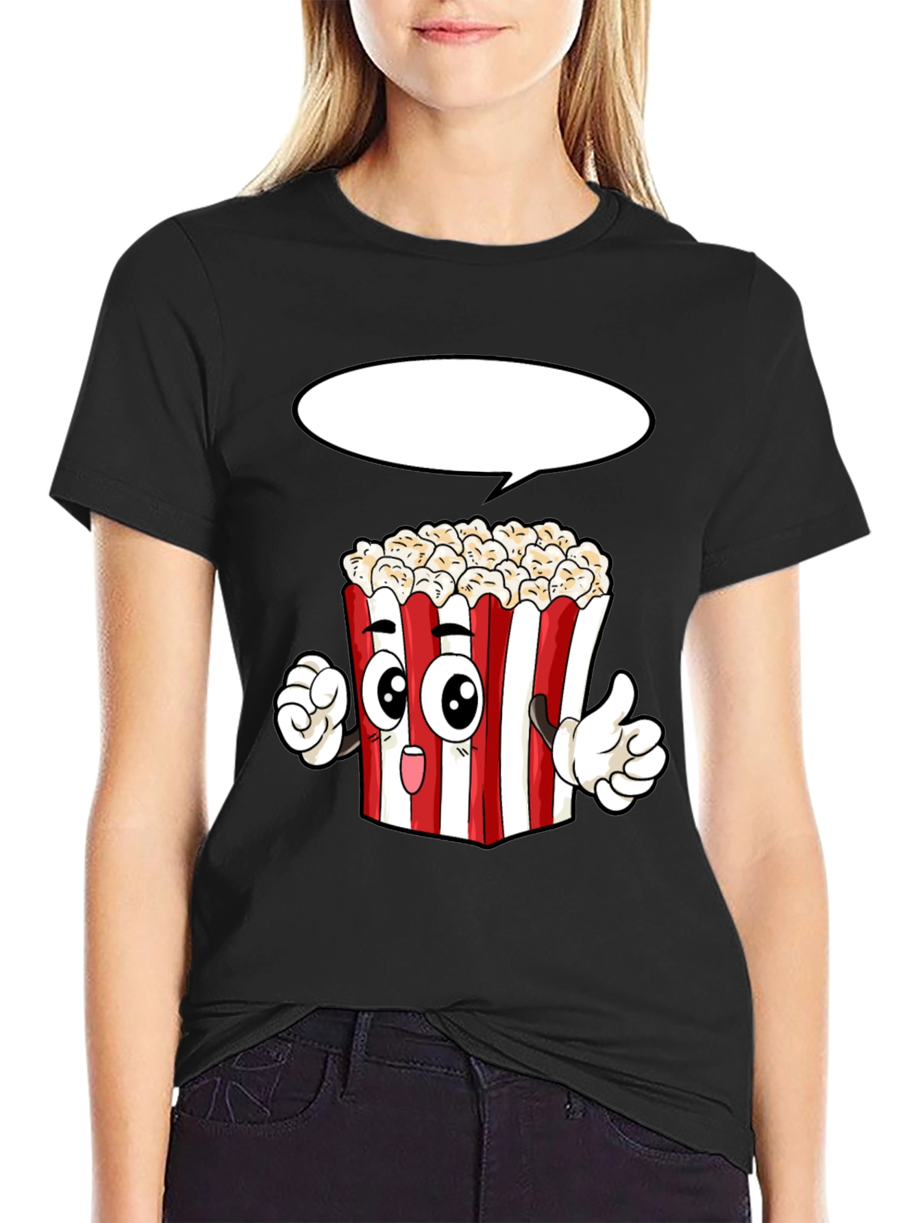 Black Popcorn Cartoon Graphic Novelty T-Shirt view 2