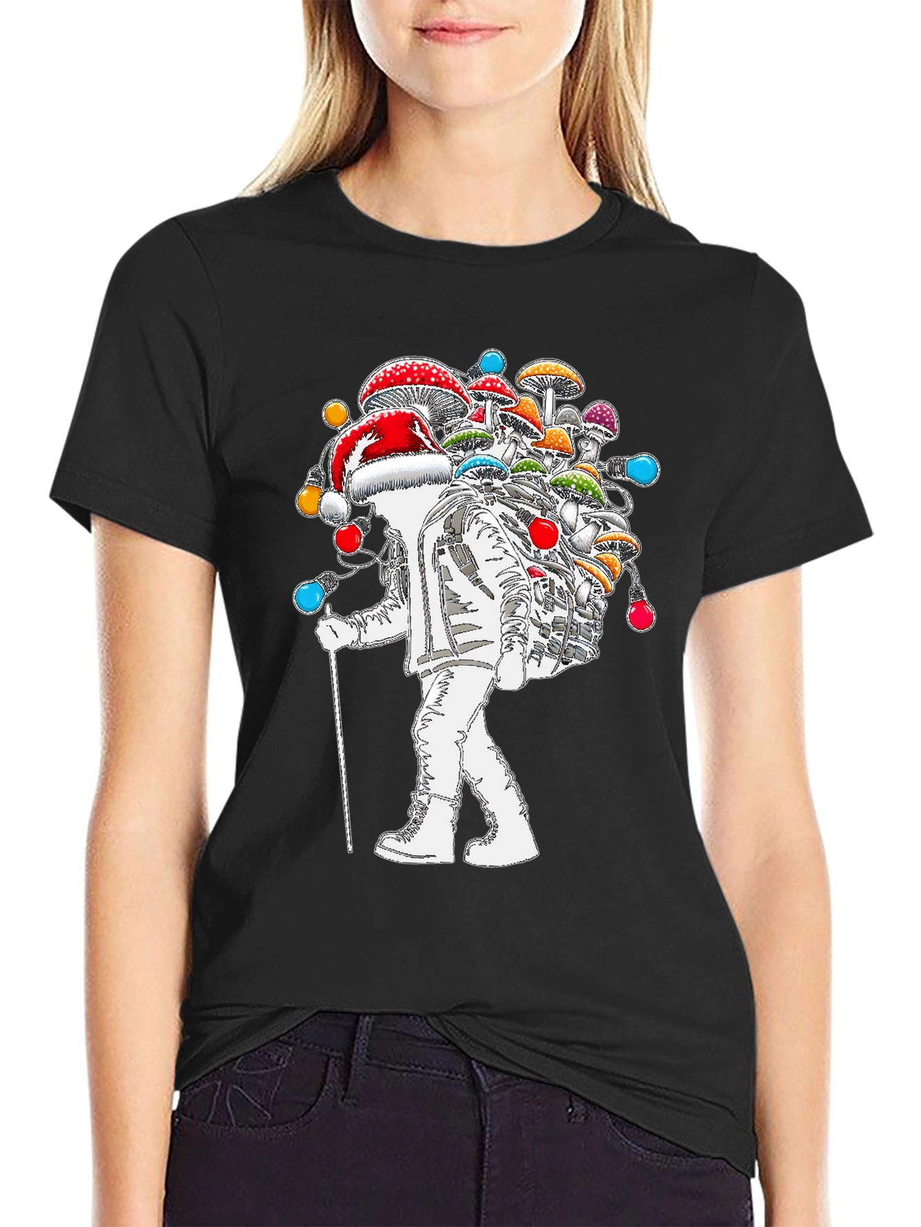 Black Astronaut Santa Mushroom T-Shirt view 2