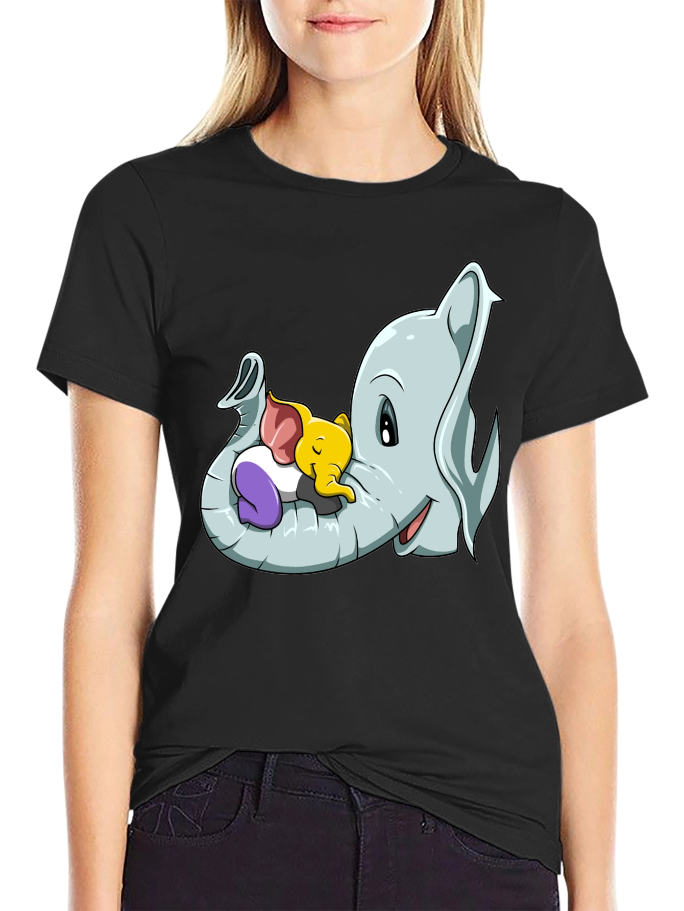 Black Cute Elephant Family Cartoon T-Shirt view 2