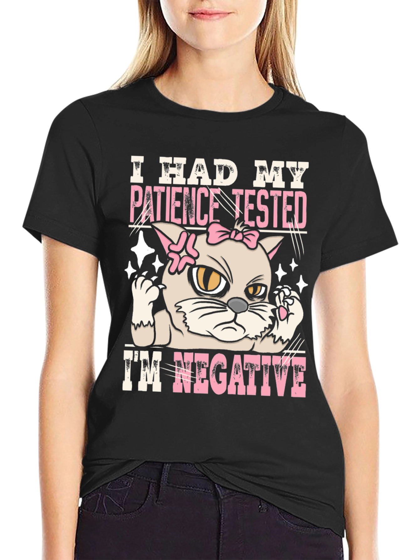 Black Patience Tested Negative Funny Cat Graphic T-Shirt view 2