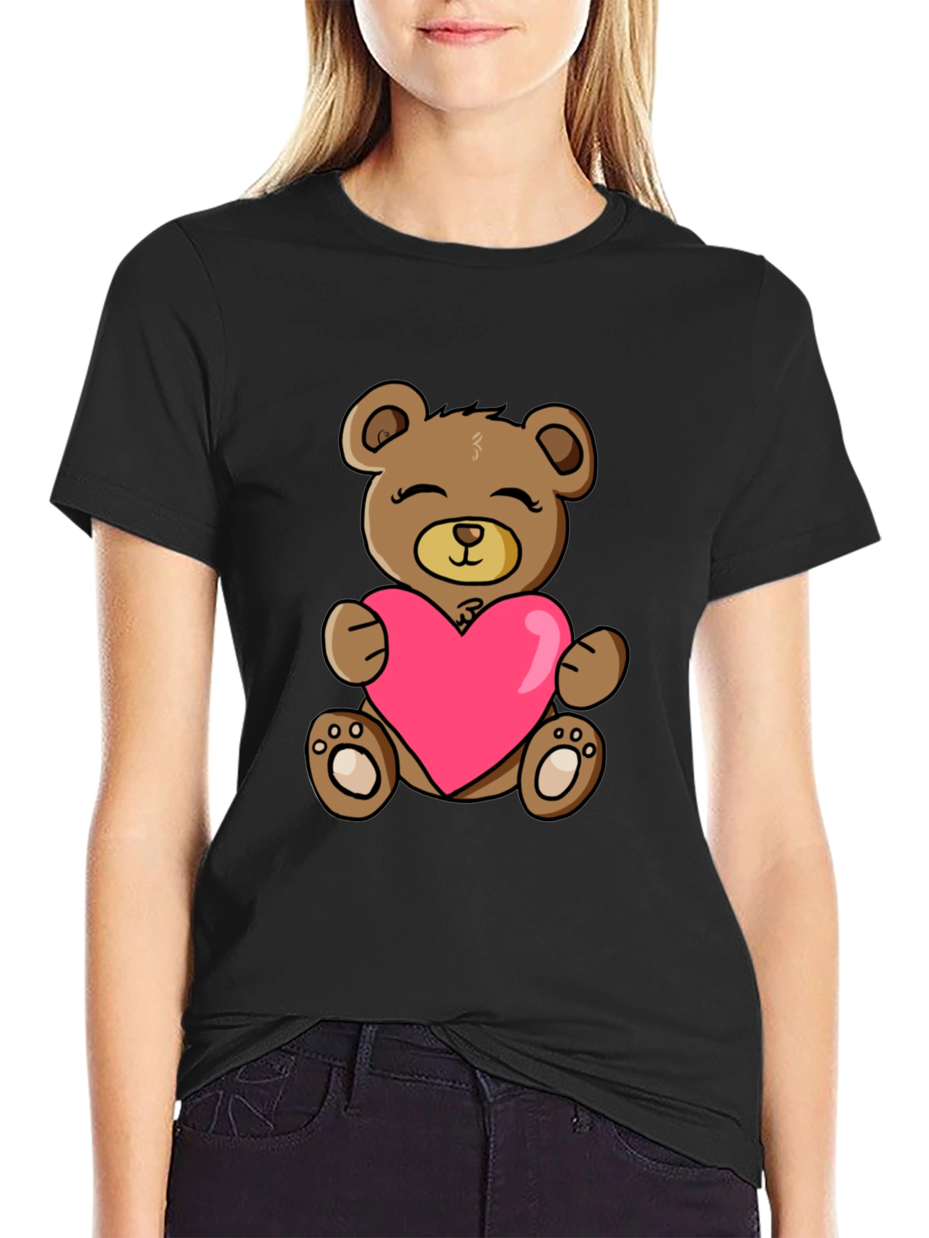 Black Teddy Bear Heart T-Shirt - Cute & Comfy! view 2