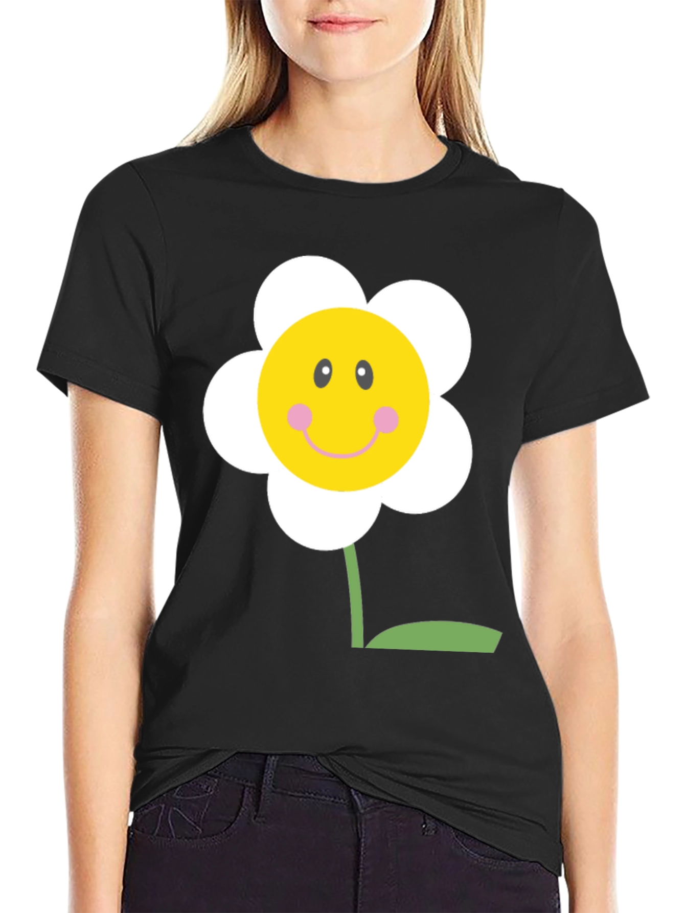 Black Happy Flower Graphic Tee - Black Cotton Shirt view 2
