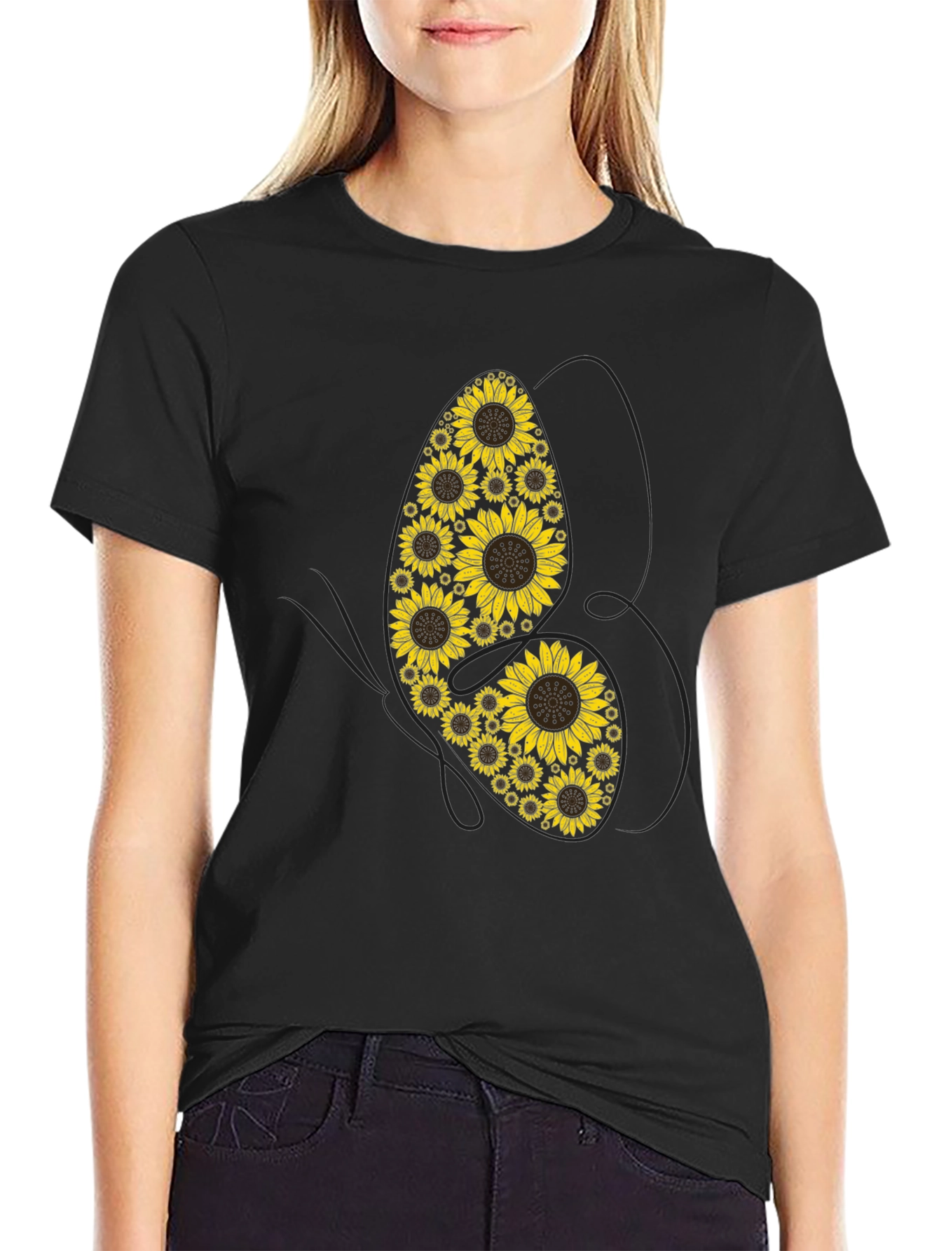 Black Sunflower Butterfly Graphic Tee - Unisex Cotton T-Shirt view 2