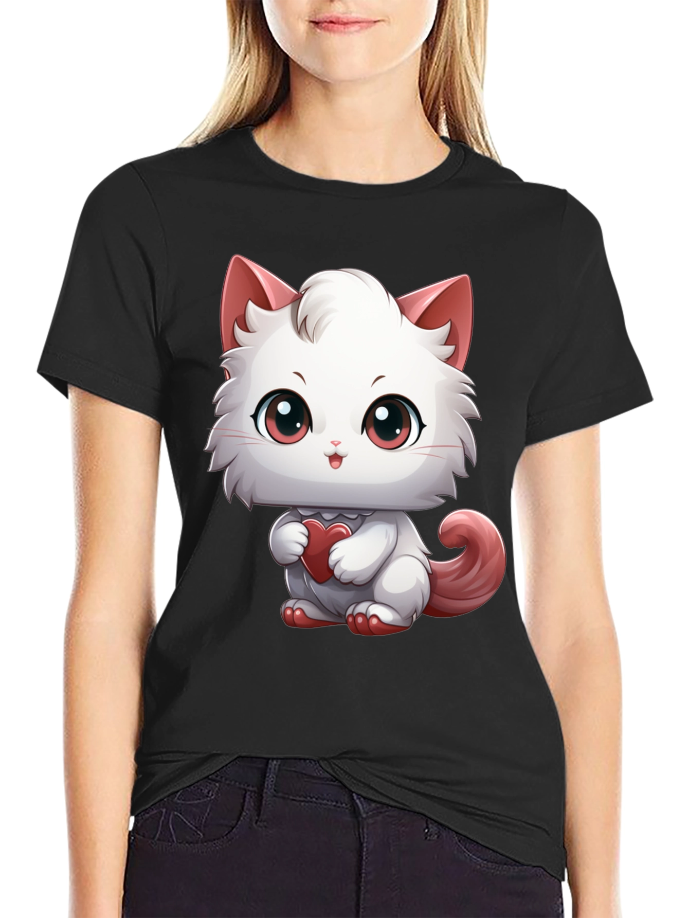 Black Cute Cartoon Cat Heart T-Shirt view 2