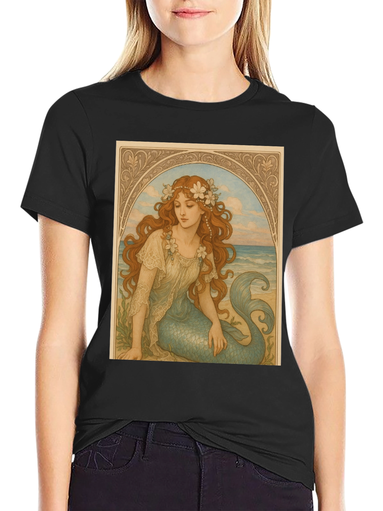 Black Mermaid Art Nouveau Graphic T-Shirt view 2
