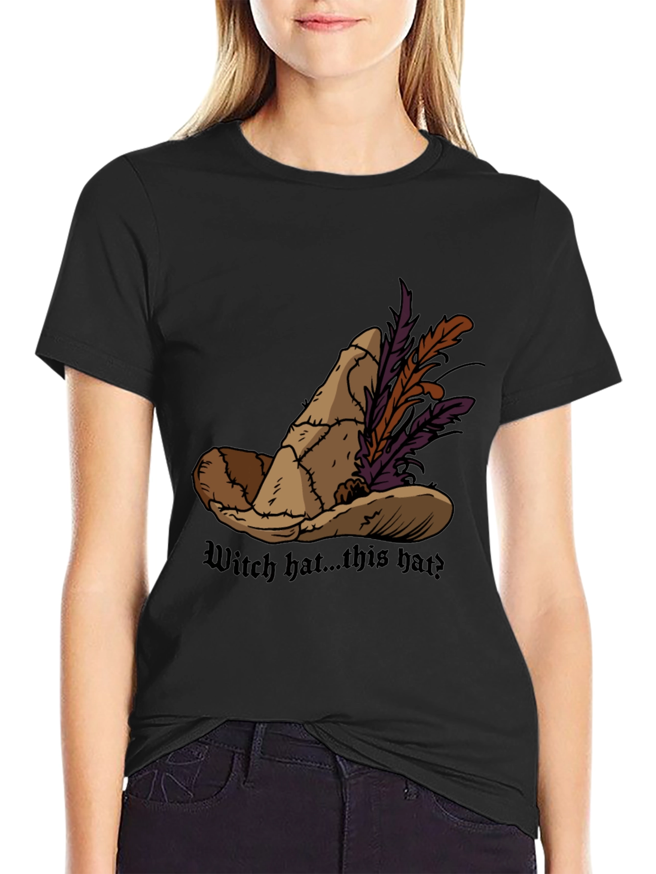 Black Whimsical Witch Hat Graphic Tee - Unique Design view 2