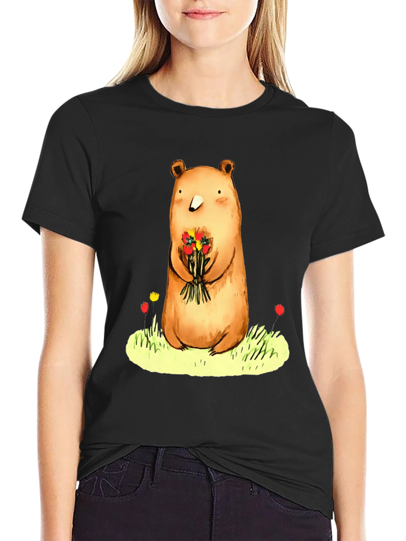 Black Bear with Flowers Graphic Tee - Soft Cotton Blend view 2