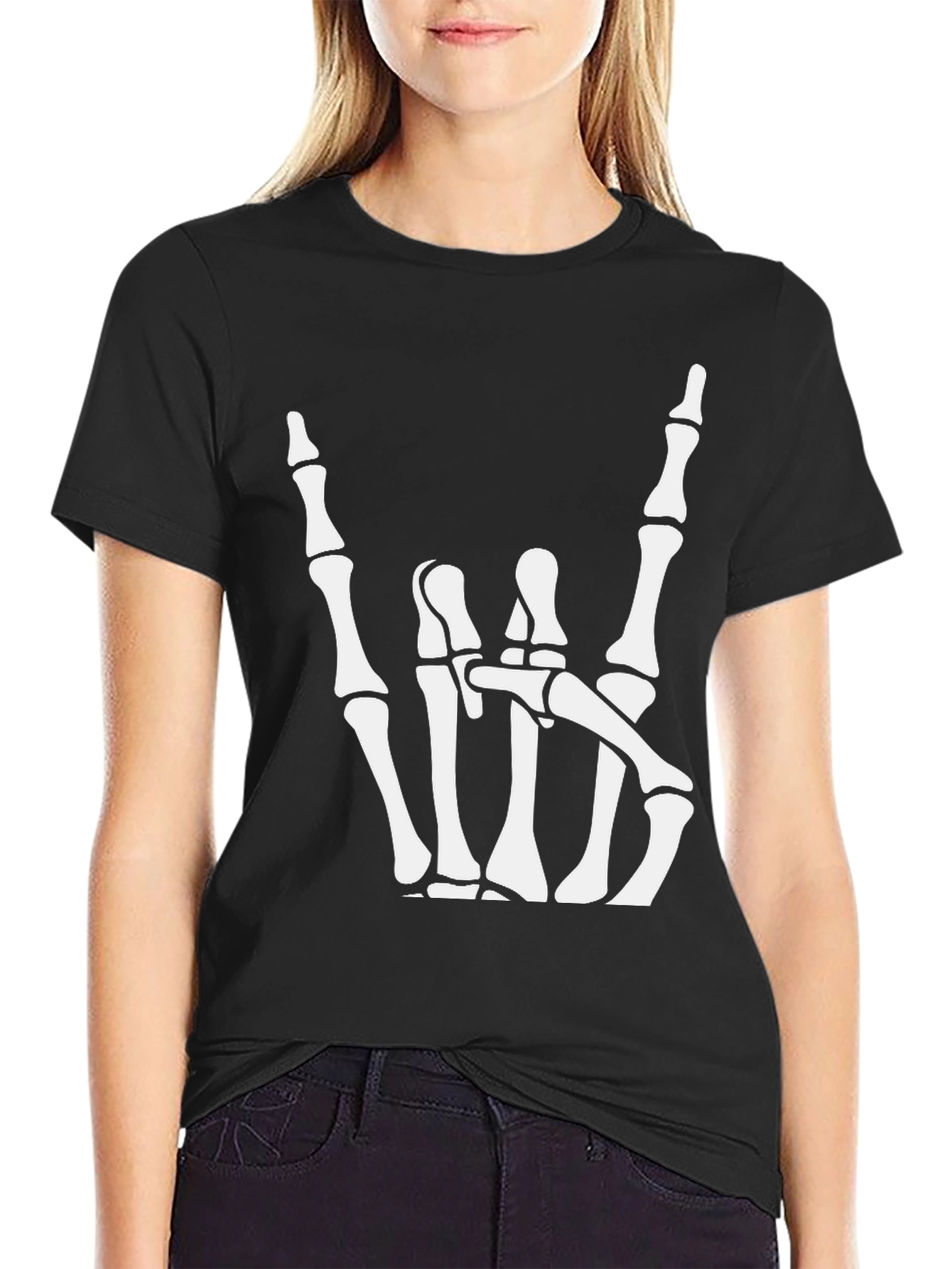 Black Rock On Skeleton Hand Graphic T-Shirt view 2