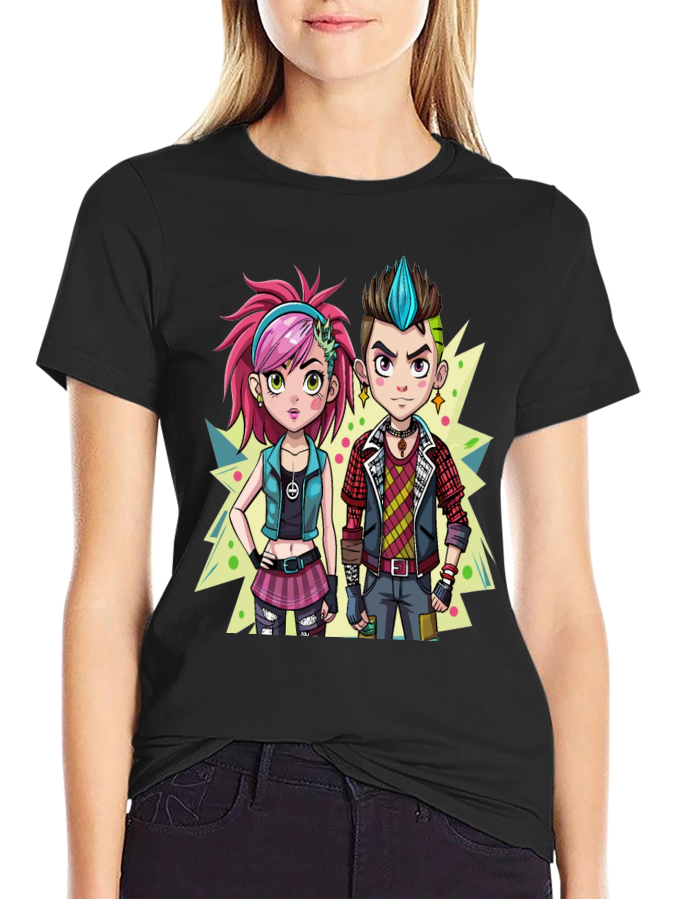 Cartoon Couple Black Graphic Tee - 2