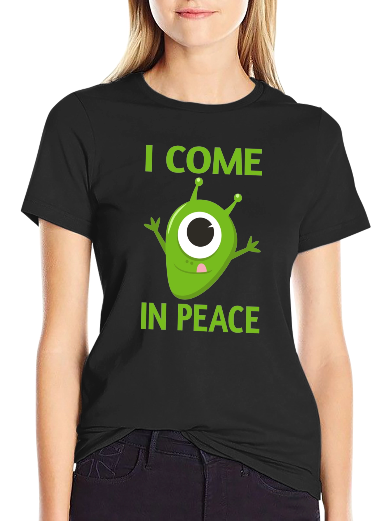 Black I Come In Peace Alien Graphic T-Shirt view 2