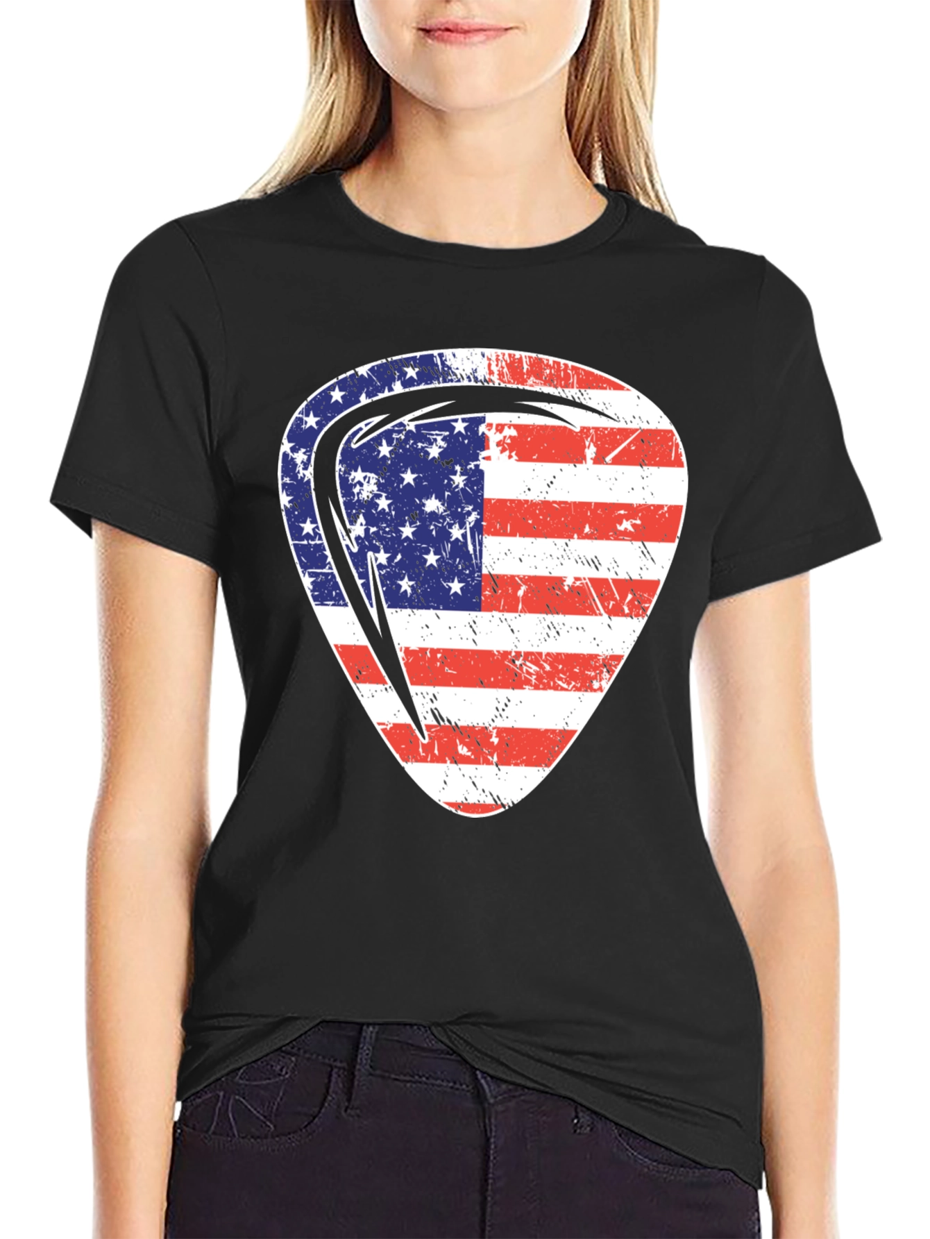 Black USA Flag Guitar Pick Patriotic T-Shirt view 2