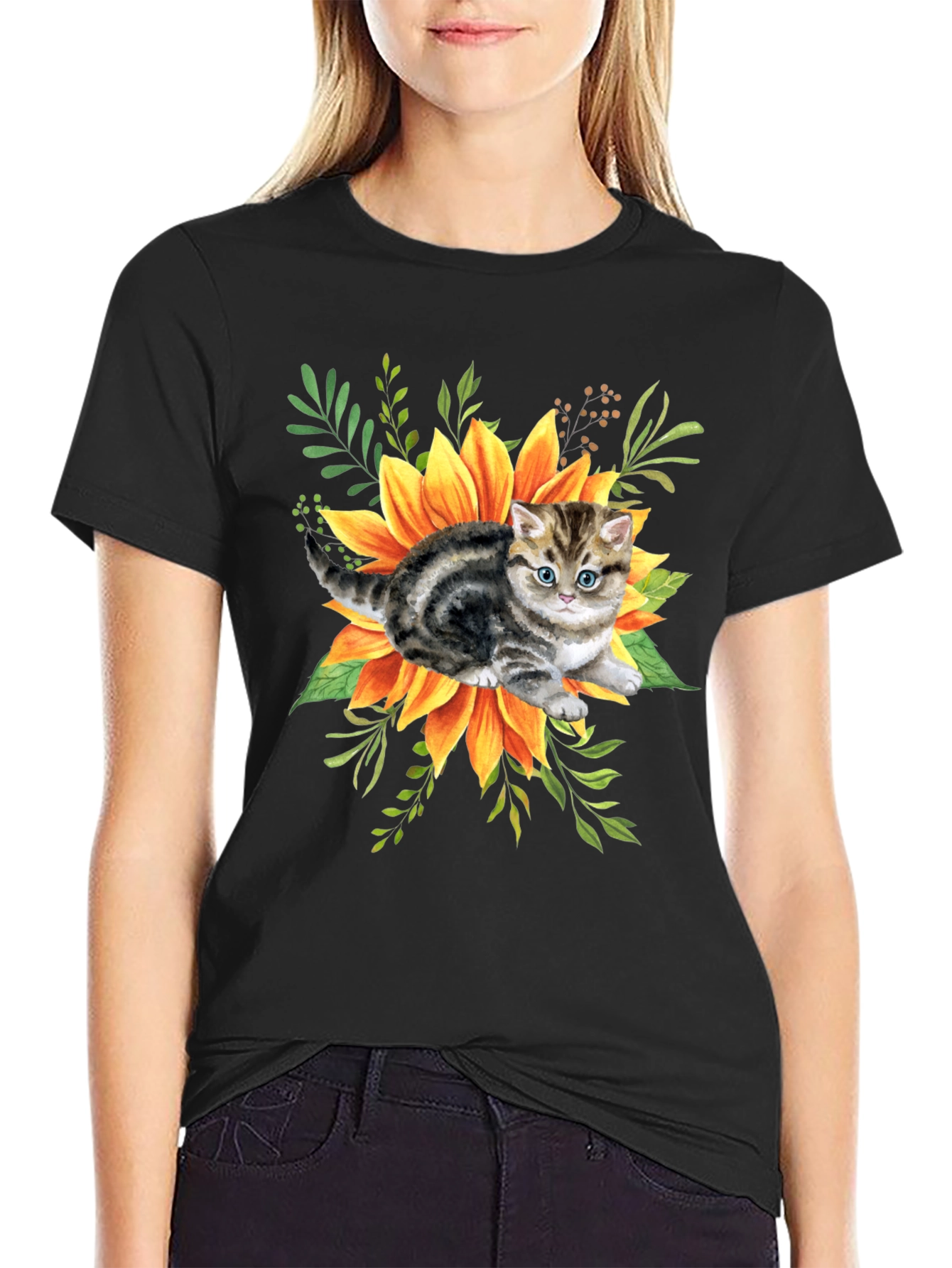 Black Kitten & Sunflower Graphic Tee - Black Cotton Blend view 2