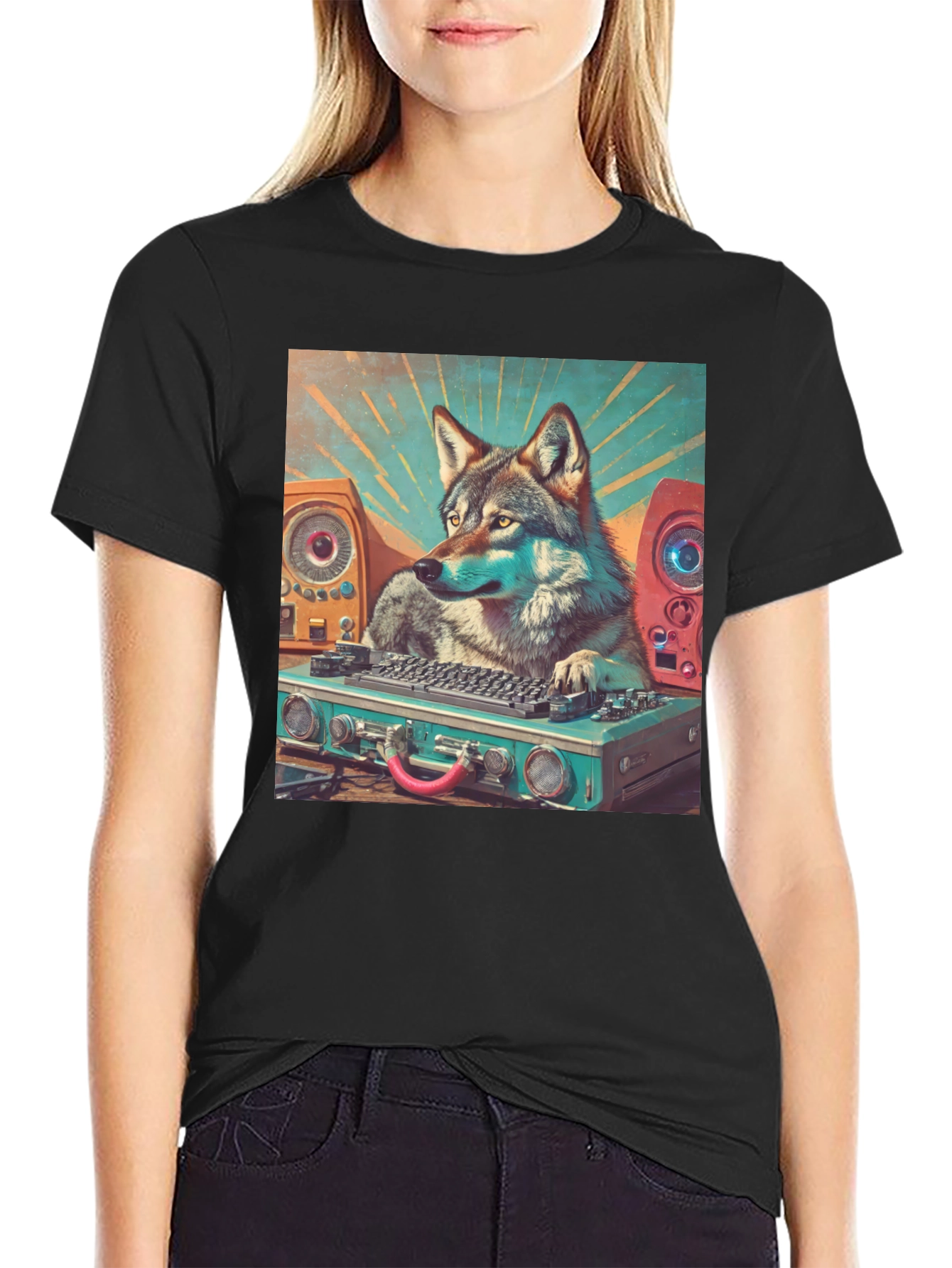 Black DJ Wolf Graphic Tee - Cool Animal Music Lover T-Shirt view 2