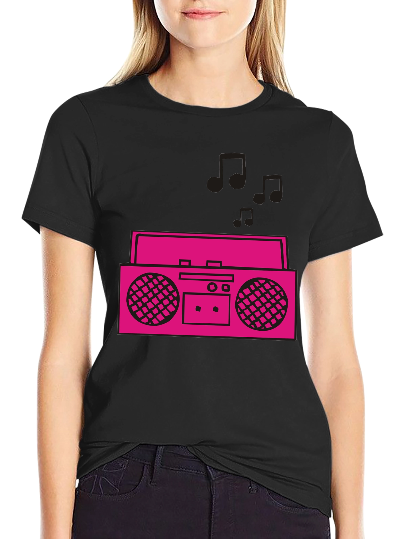 Black Retro Boombox Graphic Tee - Black Cotton T-Shirt view 2