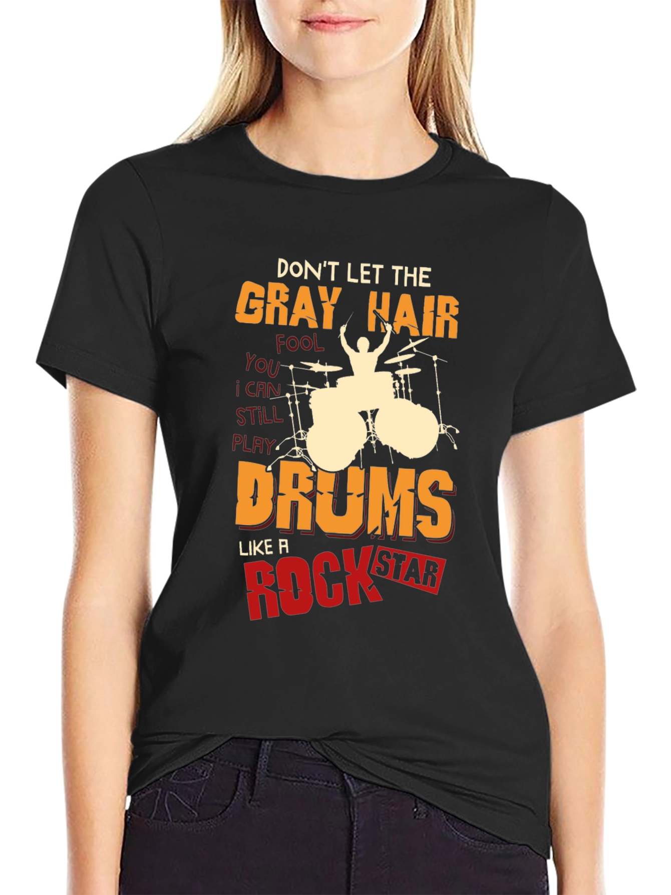 Black Gray Hair Rock Star Drums Graphic Tee view 2