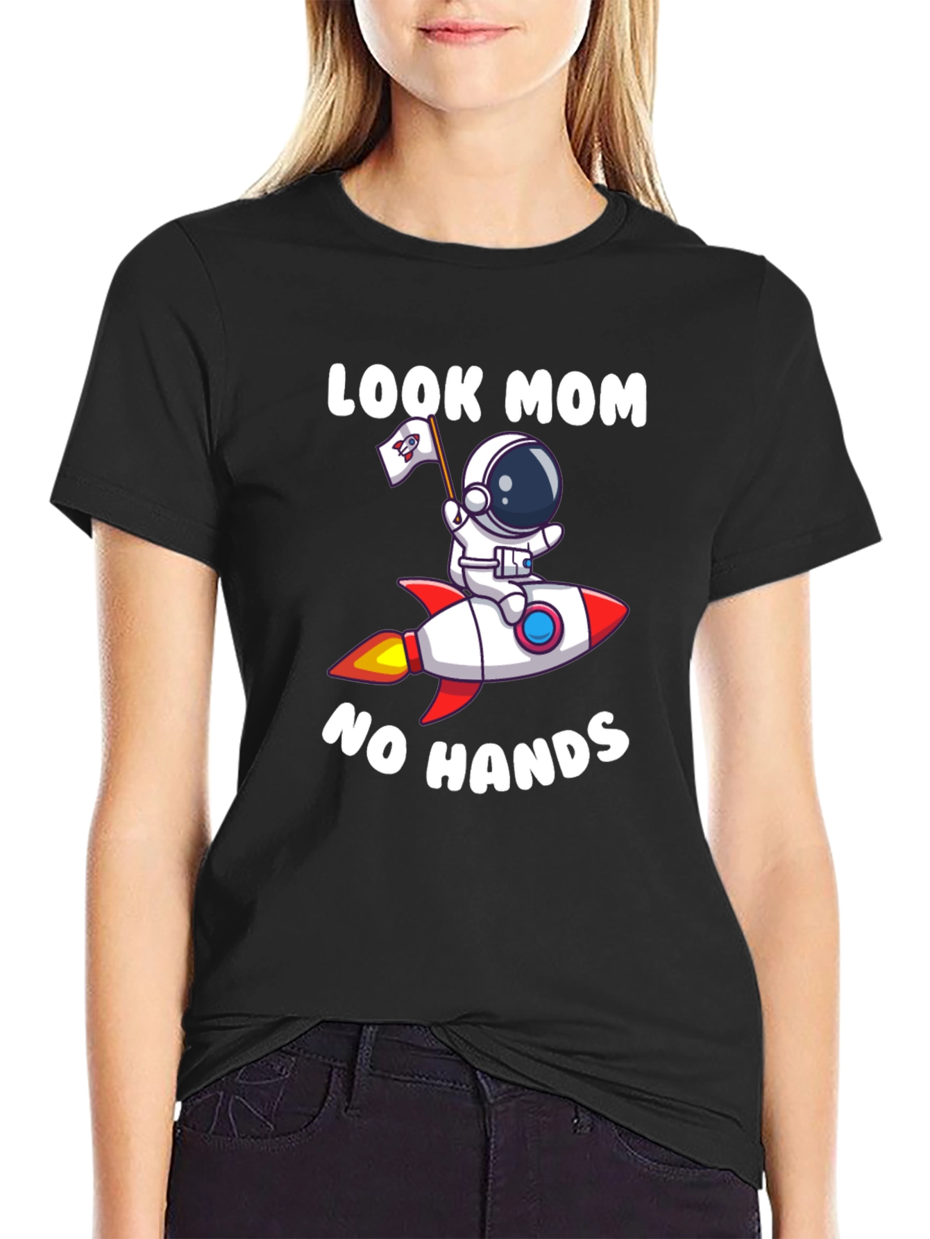 Black Look Mom No Hands Astronaut Rocket T-Shirt view 2