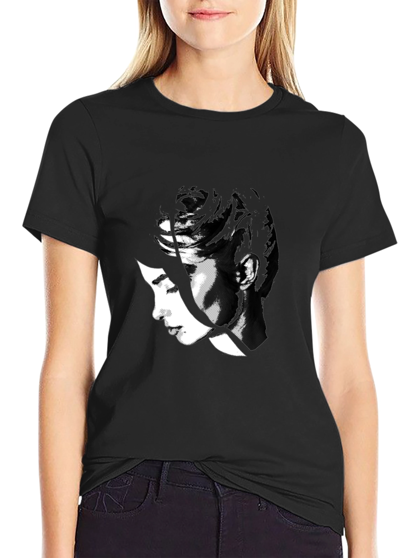 Black Abstract Black T-Shirt with Woman's Face Design view 2