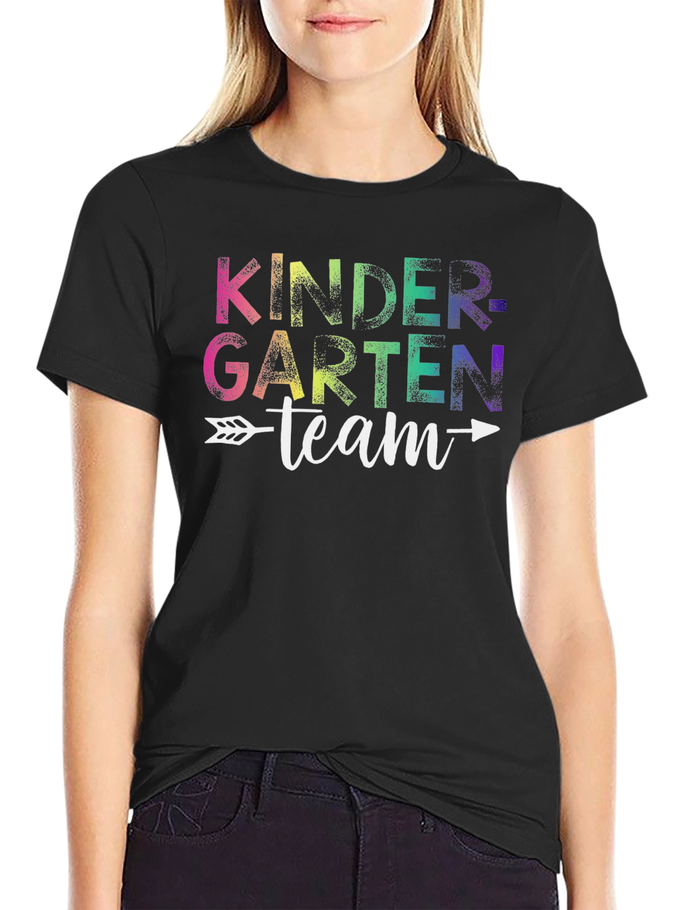 Black Kindergarten Team Rainbow Graphic T-Shirt view 2