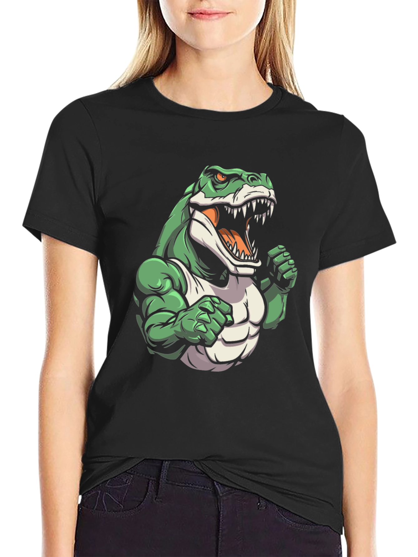 Black Dinosaur Gym T-Shirt - Cartoon Style view 2