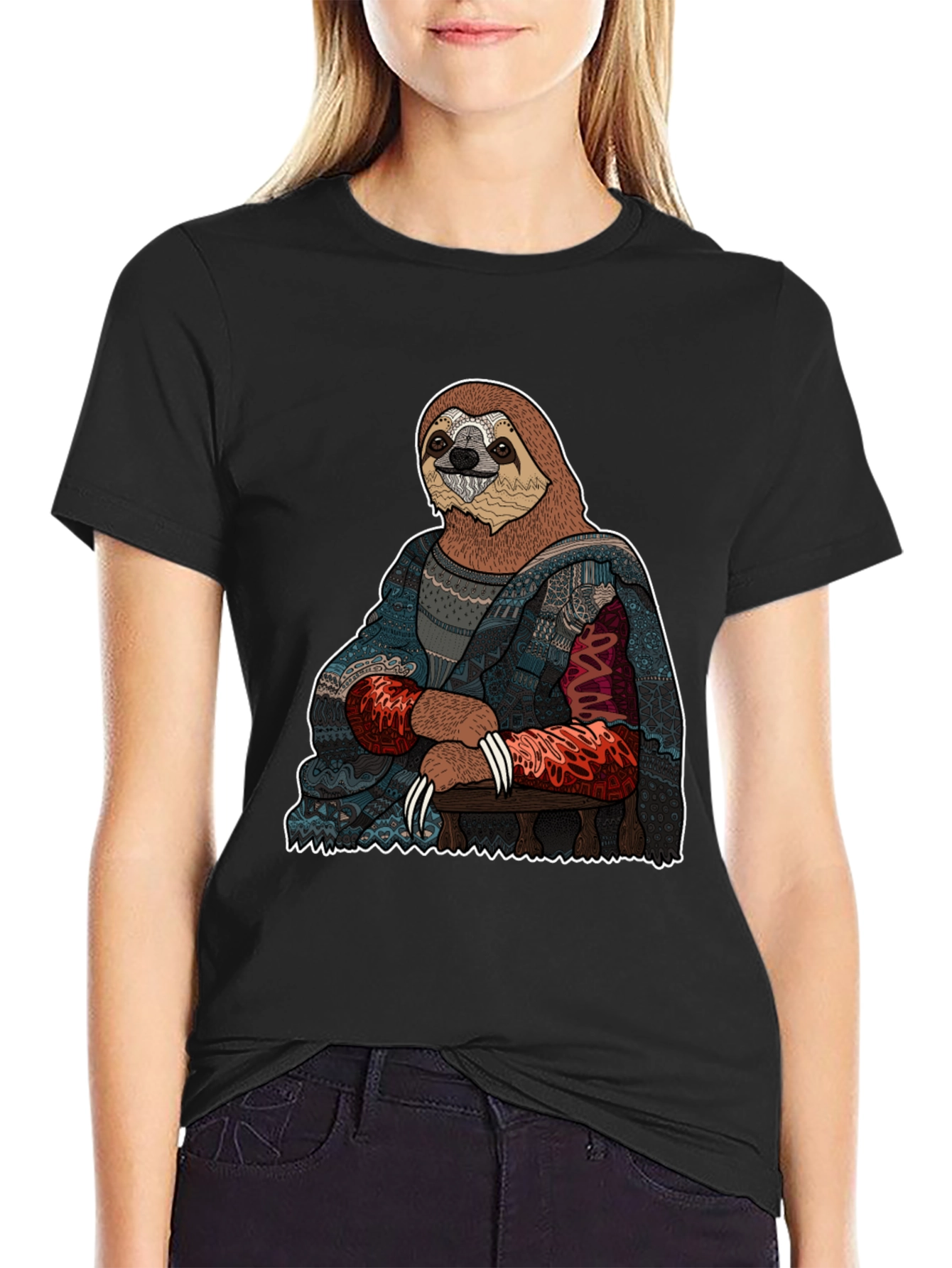 Black Sloth Mona Lisa T-Shirt - Artistic Funny Tee view 2