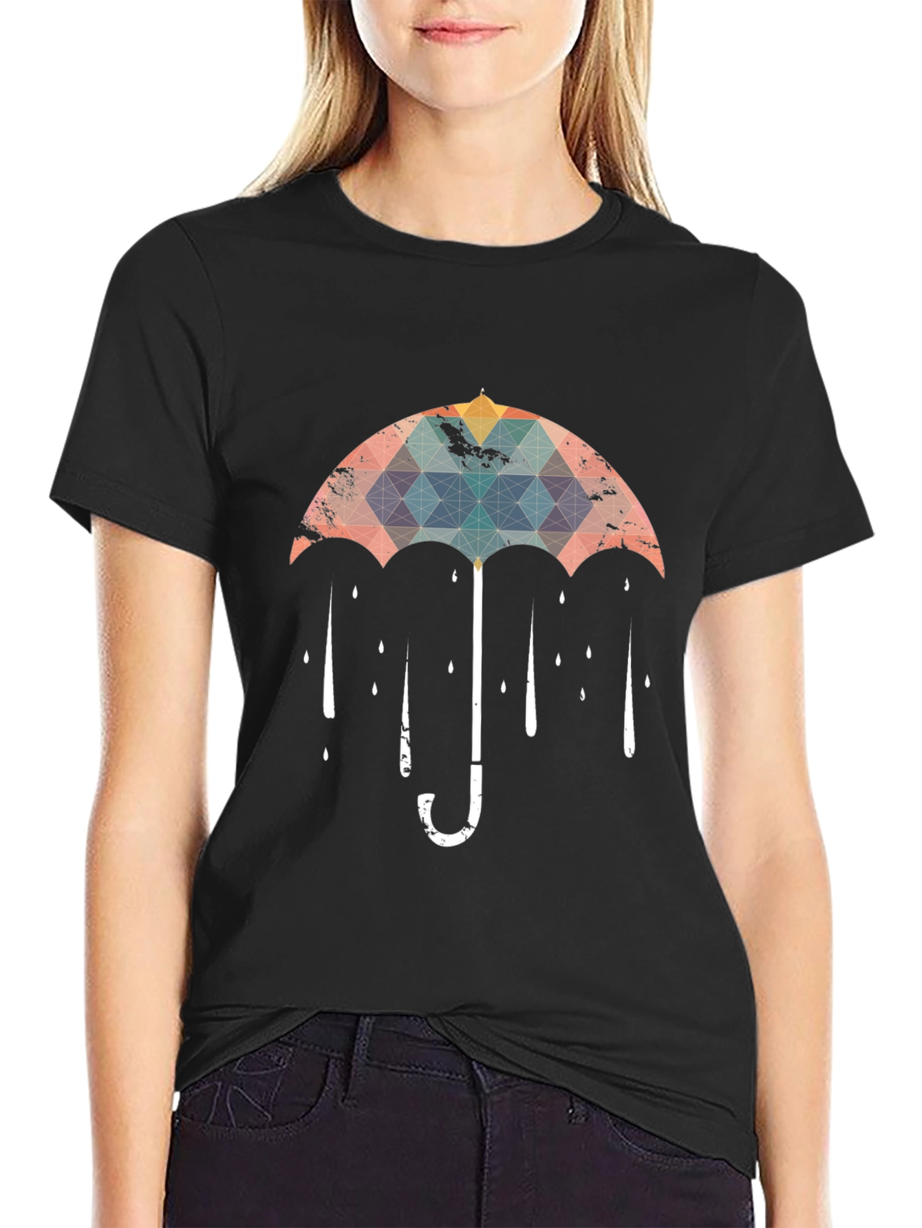 Black Geometric Umbrella Graphic T-Shirt - Black view 2