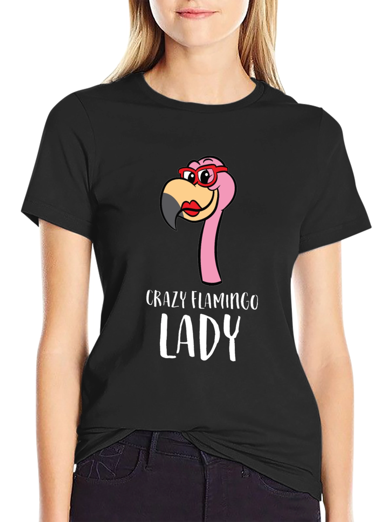 Black Crazy Flamingo Lady Graphic Tee - Novelty Shirt view 2
