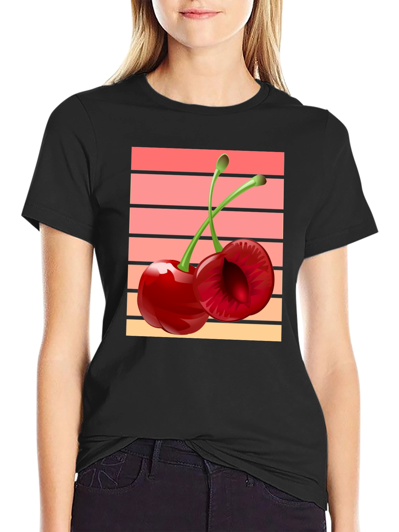 Black Retro Cherry Graphic Black T-Shirt view 2