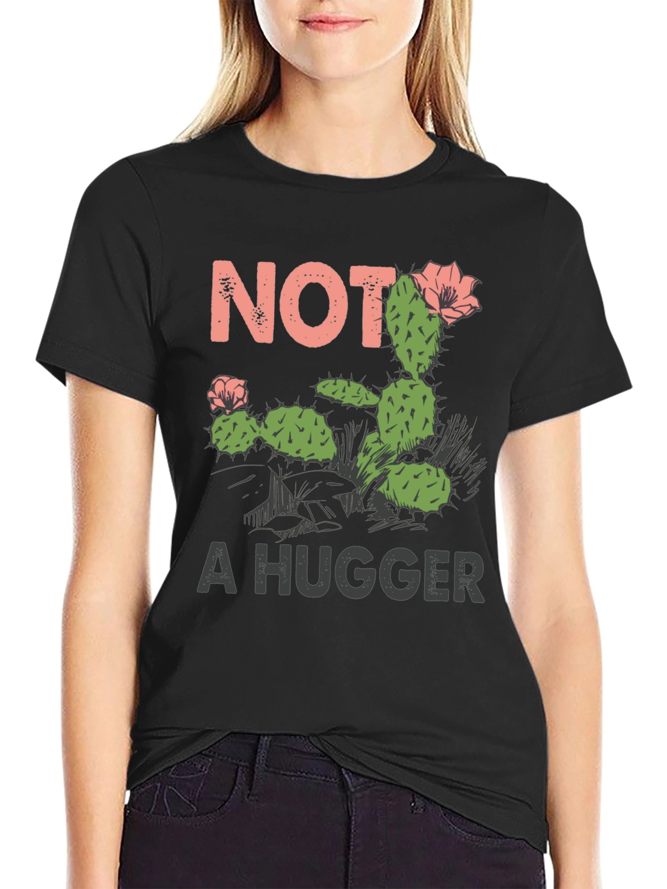 Black Not a Hugger Cactus Graphic T-Shirt view 2