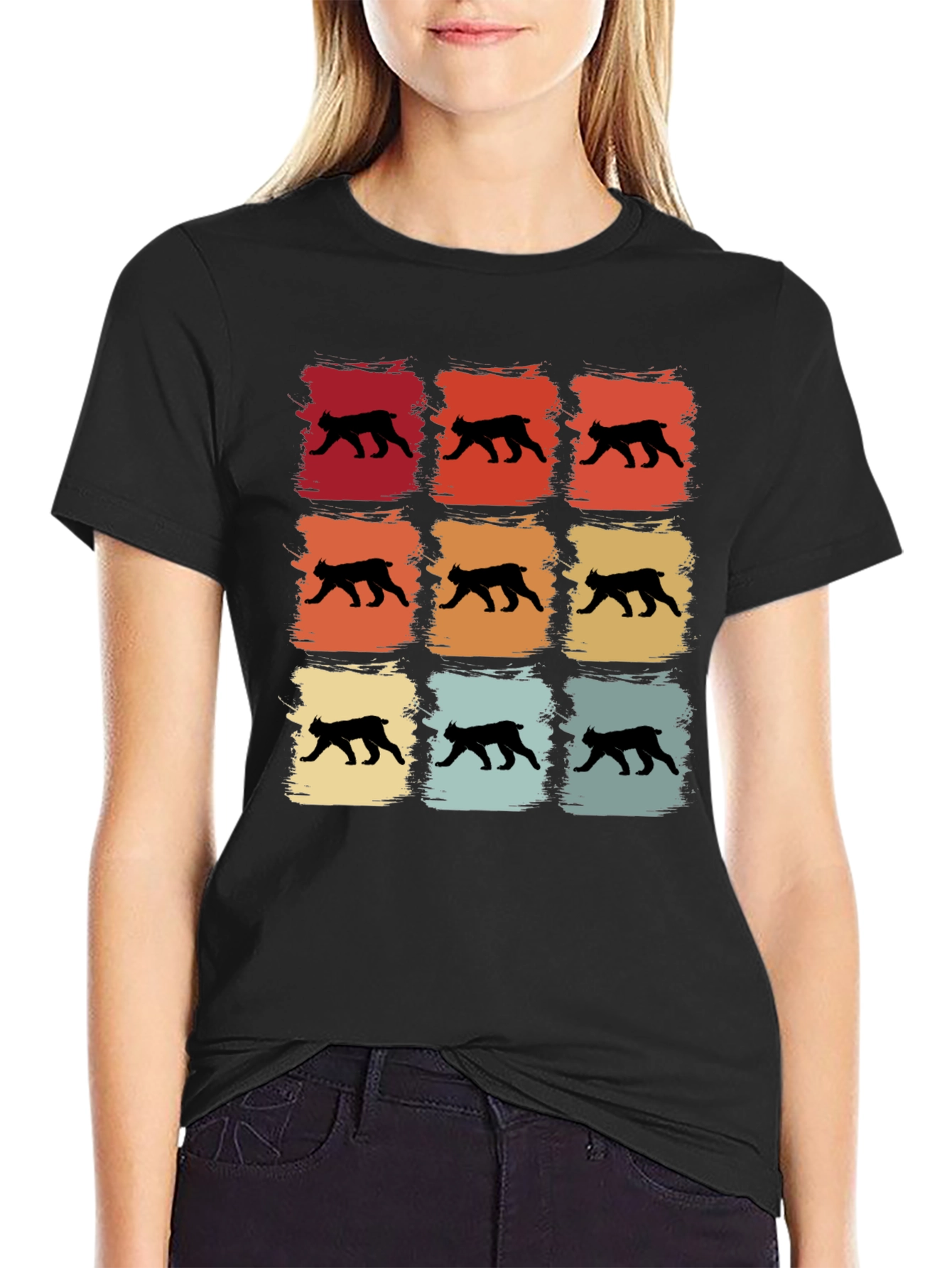 Black Retro Bobcat Silhouette Graphic T-Shirt view 2
