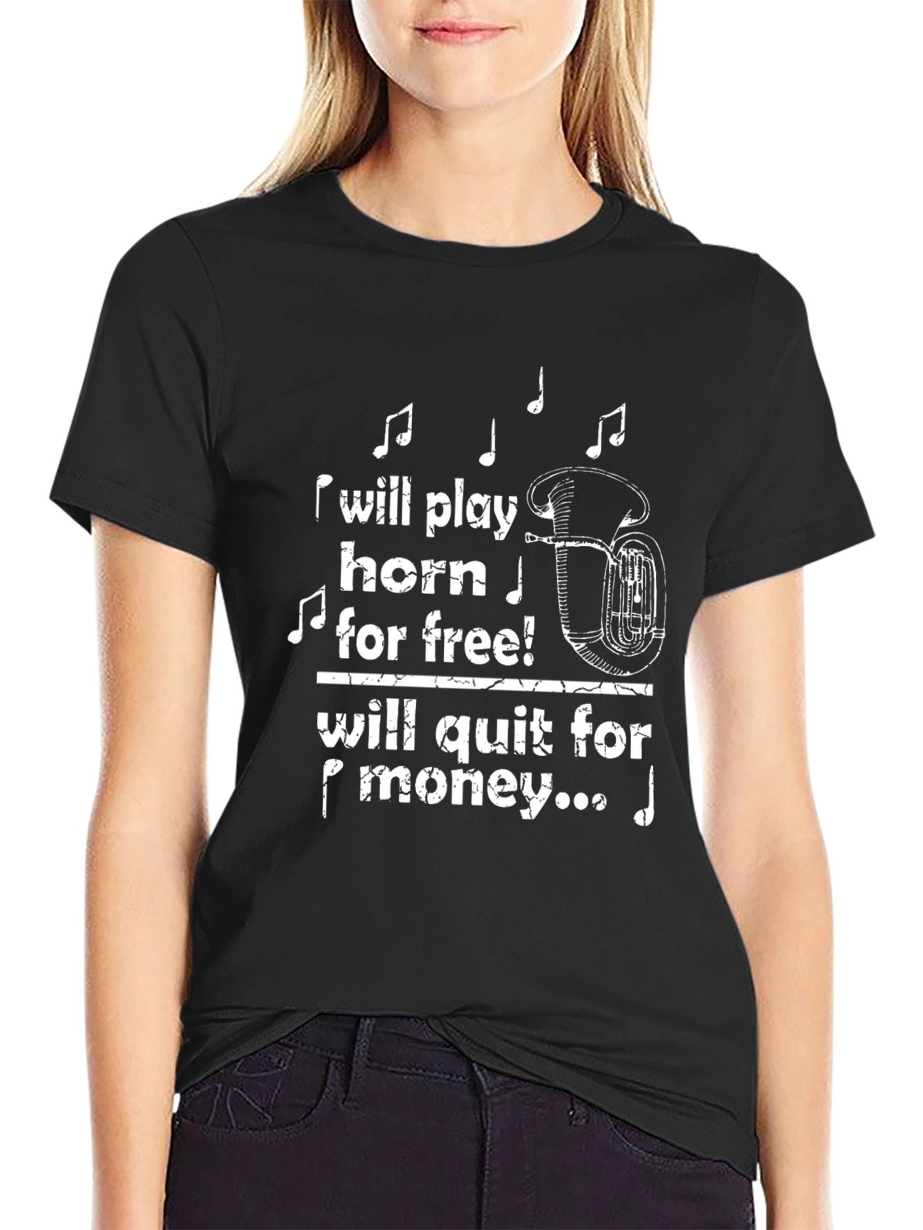 Black Play Horn For Free T-Shirt Funny Musician Tee view 2