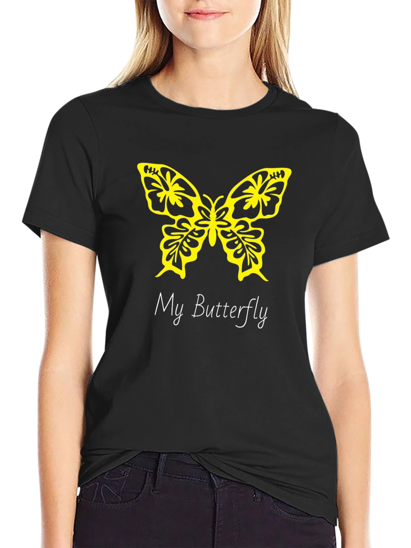 Black Butterfly Graphic Tee - Black Cotton Casual T-Shirt view 2
