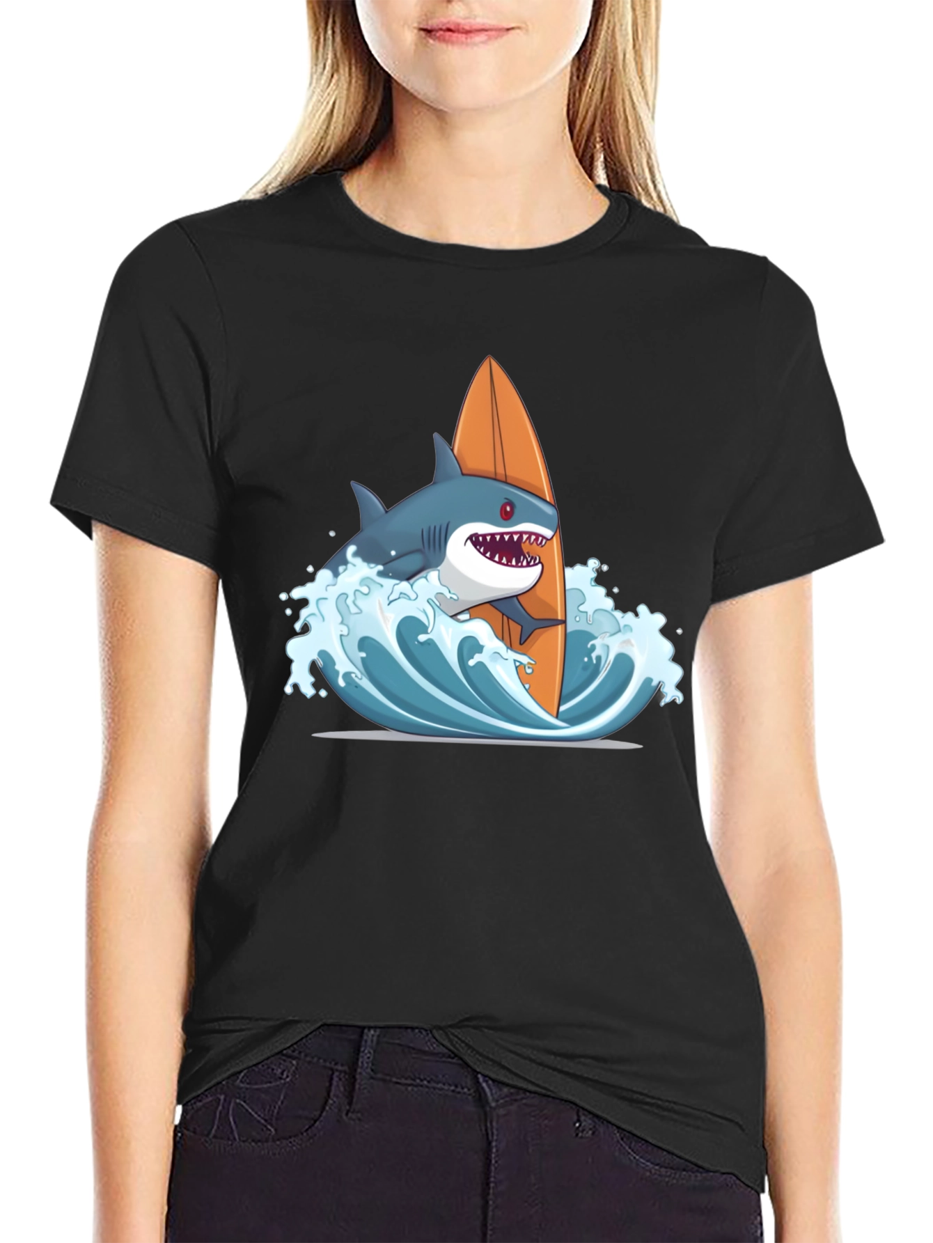 Black Shark Surfing Graphic T-Shirt - Black Cotton Tee view 2